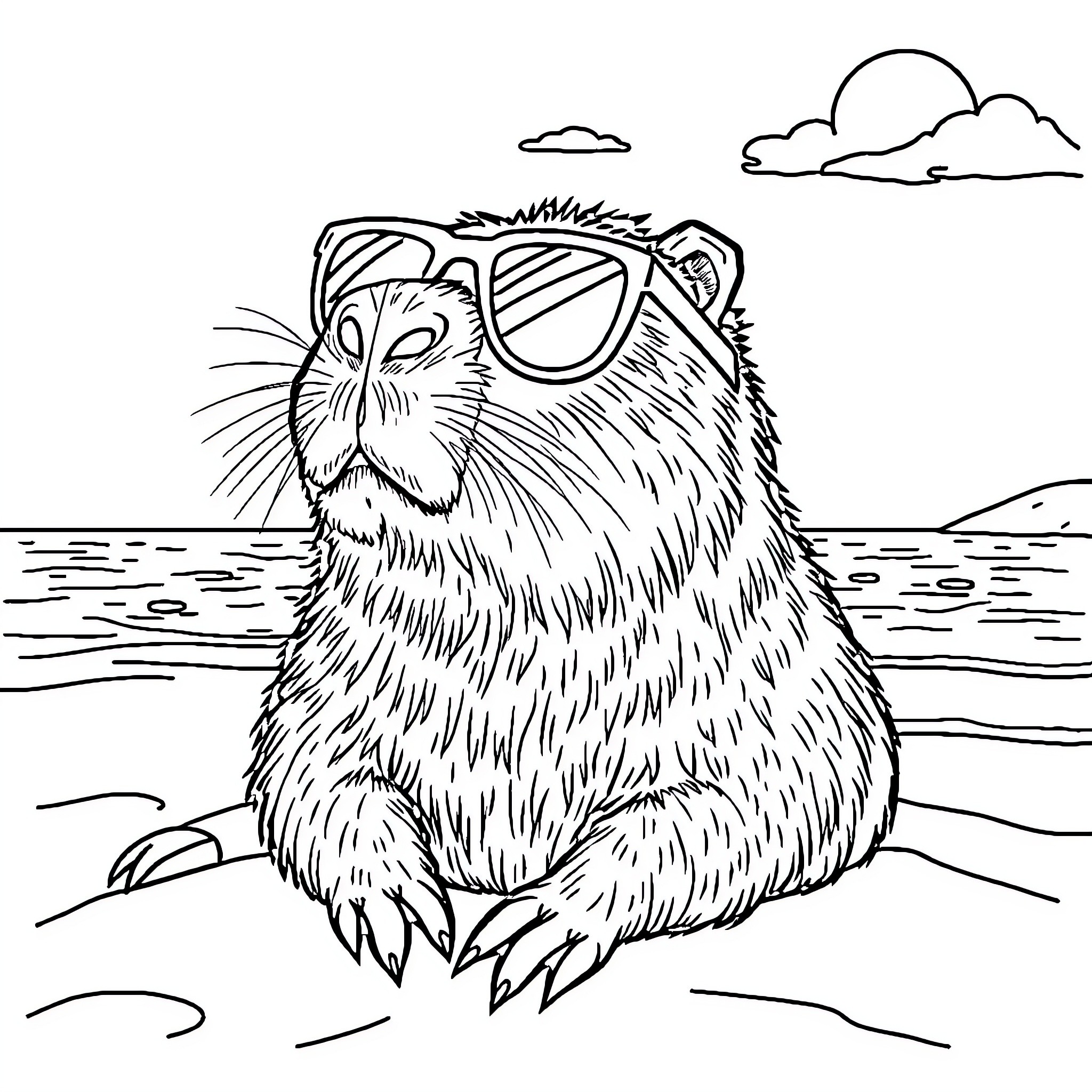 Capybara relaxing at the beach with sunglasses Coloring Page (free black-and-white line drawing printable PDF for all, from beginners to advanced learners, including children, teens, adults, and seniors)