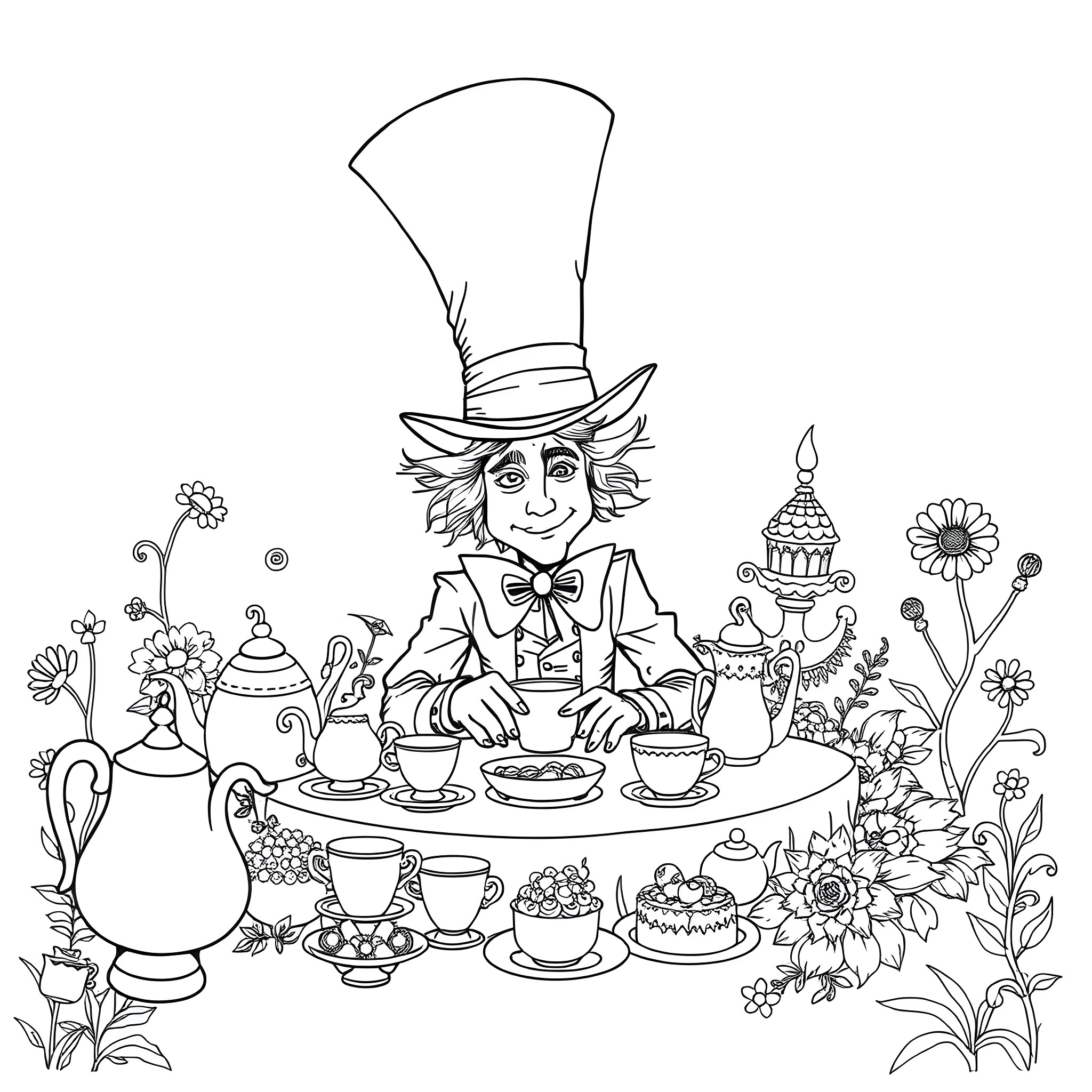 Mad Hatter enjoying a whimsical tea party with floral decor Coloring Page (free black-and-white line drawing printable PDF for all, from beginners to advanced learners, including children, teens, adults, and seniors)