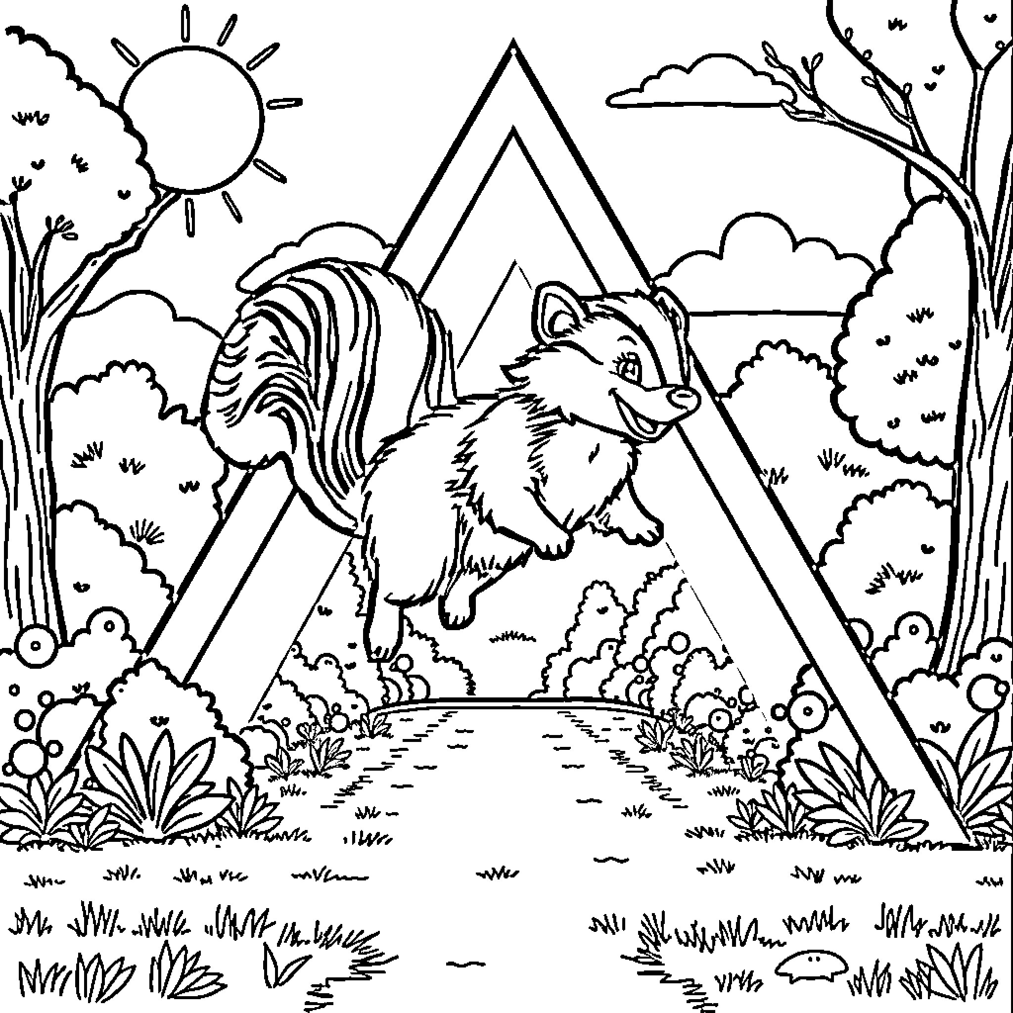 Skunk exploring the great outdoors Coloring Page (free black-and-white line drawing printable PDF for all, from beginners to advanced learners, including children, teens, adults, and seniors)