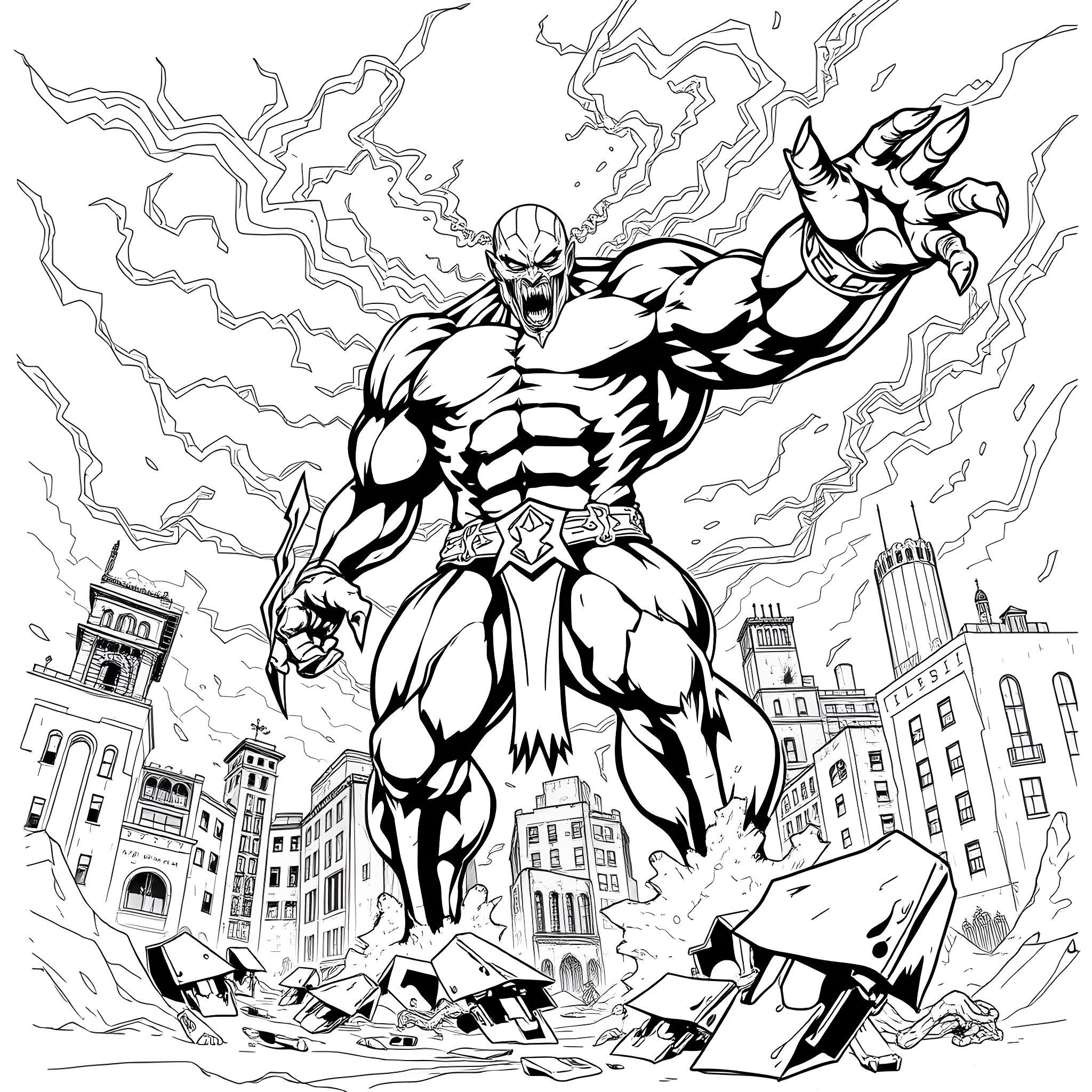 Nemesis: Powerful Superhero Unleashing Destruction in the City Coloring Page (free black-and-white line drawing printable PDF for all, from beginners to advanced learners, including children, teens, adults, and seniors)