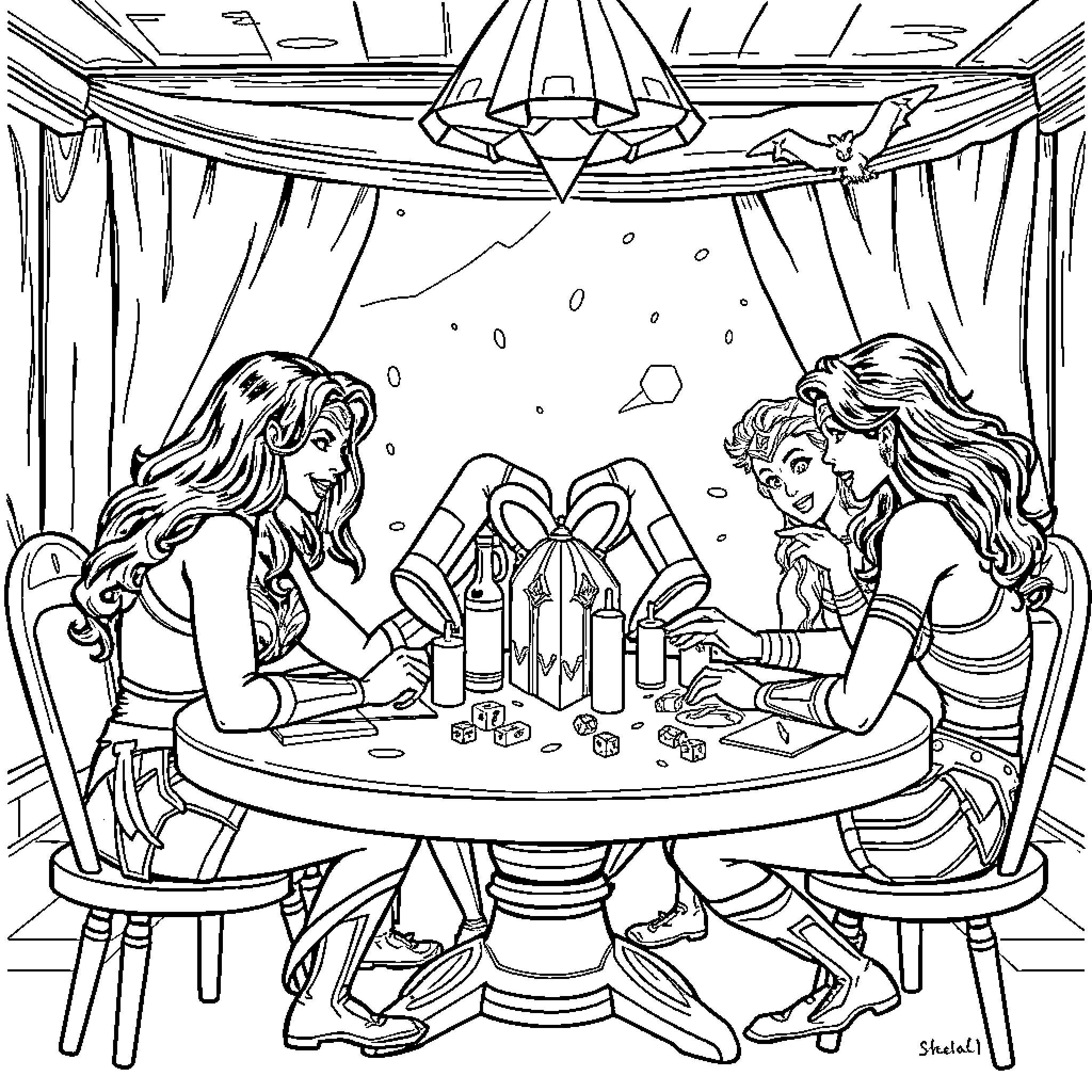 Wonder Woman Friends Enjoying Festive Treats Coloring Page (free black-and-white line drawing printable PDF for all, from beginners to advanced learners, including children, teens, adults, and seniors)