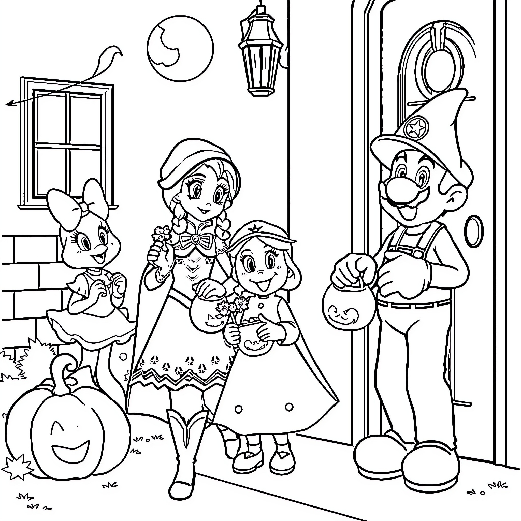 Anna and Elsa celebrating Halloween with friends Coloring Page (free black-and-white line drawing printable PDF for all, from beginners to advanced learners, including children, teens, adults, and seniors)