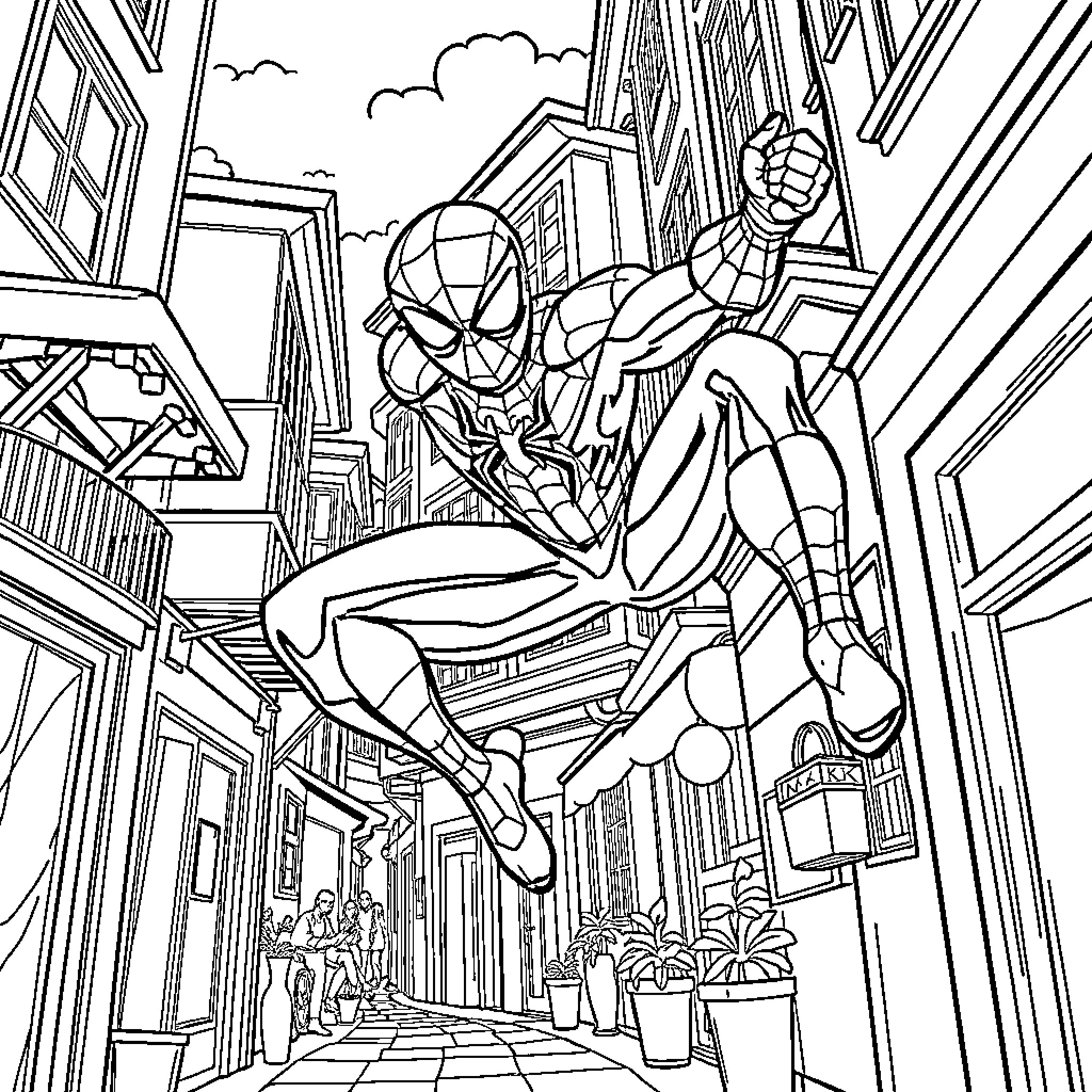 Spiderman swinging through the city skyline Coloring Page (free black-and-white line drawing printable PDF for all, from beginners to advanced learners, including children, teens, adults, and seniors)
