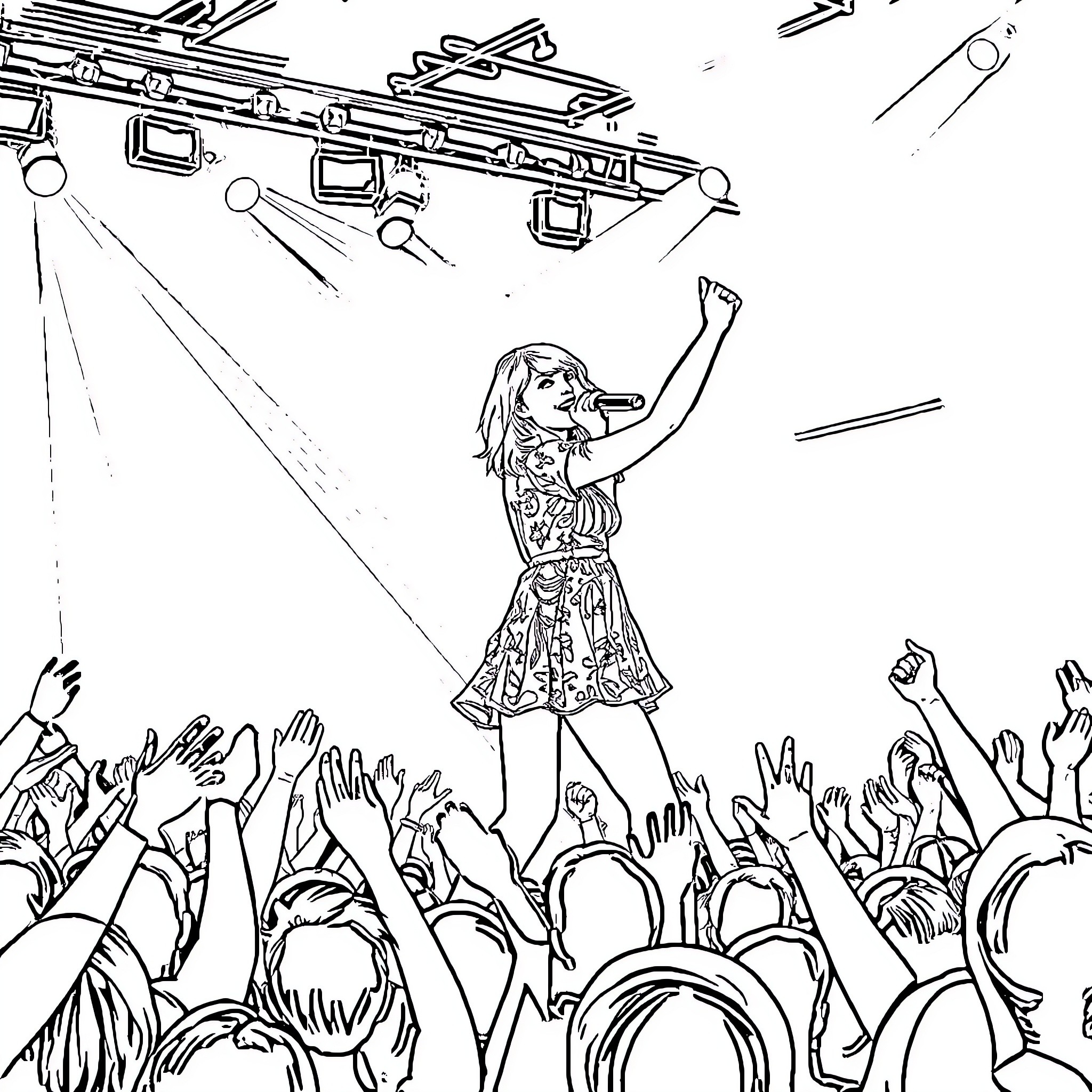 Taylor Swift performing energetically on stage Coloring Page (free black-and-white line drawing printable PDF for all, from beginners to advanced learners, including children, teens, adults, and seniors)