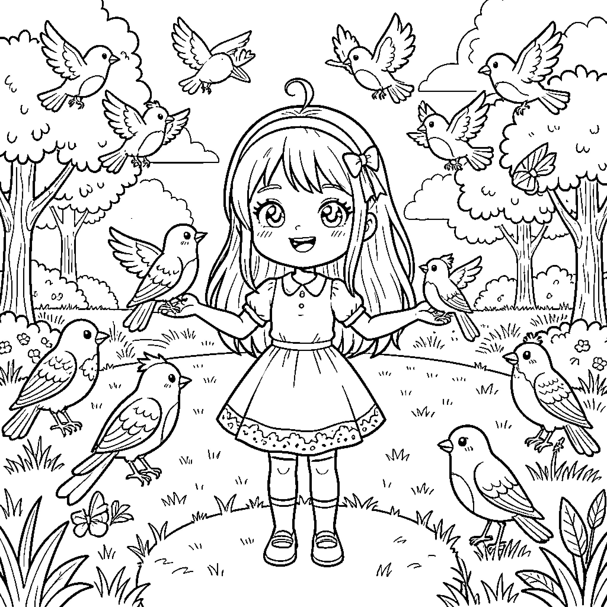 Girl interacting with birds in the garden Coloring Page (free black-and-white line drawing printable PDF for all, from beginners to advanced learners, including children, teens, adults, and seniors)