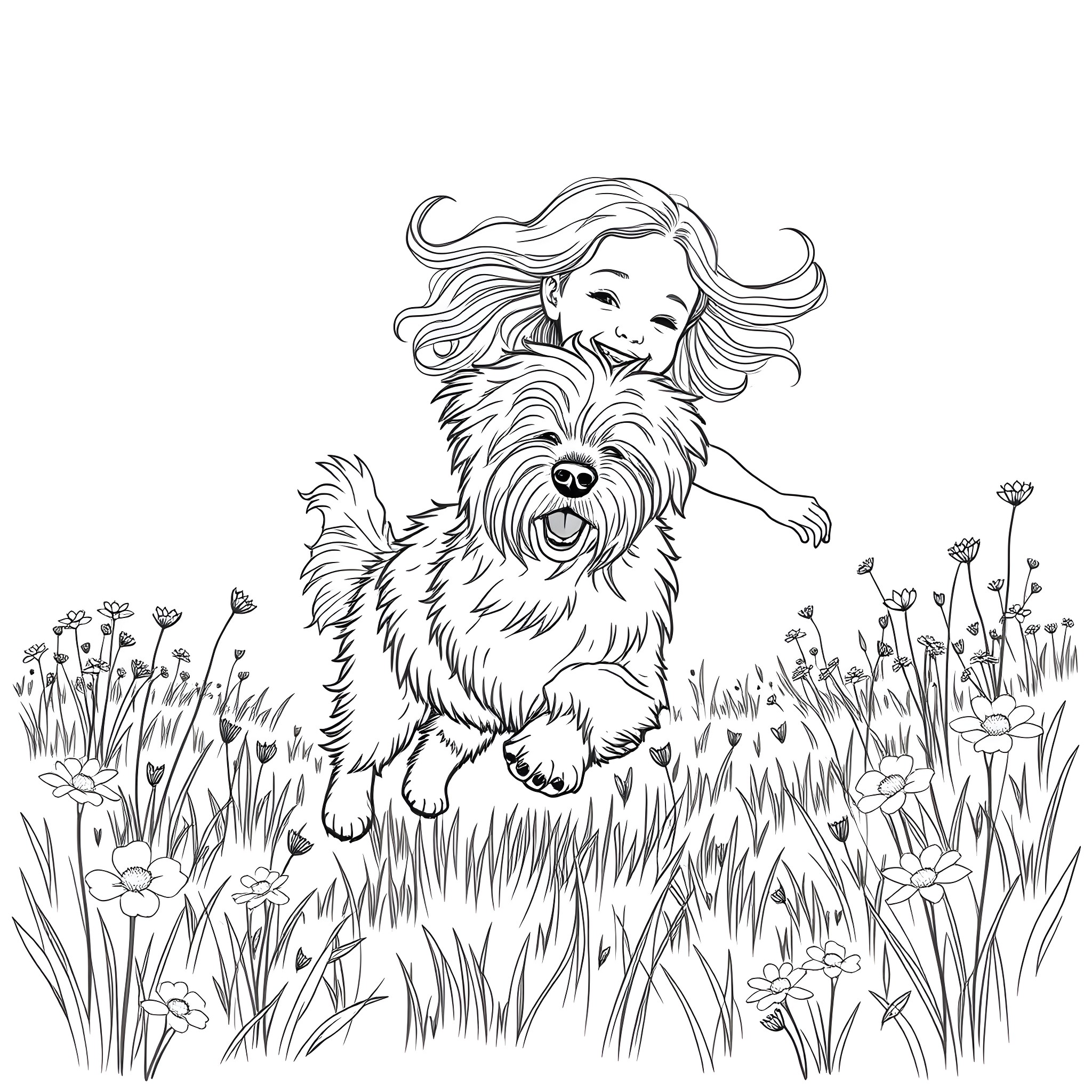 Tibetan Terrier frolicking joyfully in a flower-filled meadow Coloring Page (free black-and-white line drawing printable PDF for all, from beginners to advanced learners, including children, teens, adults, and seniors)