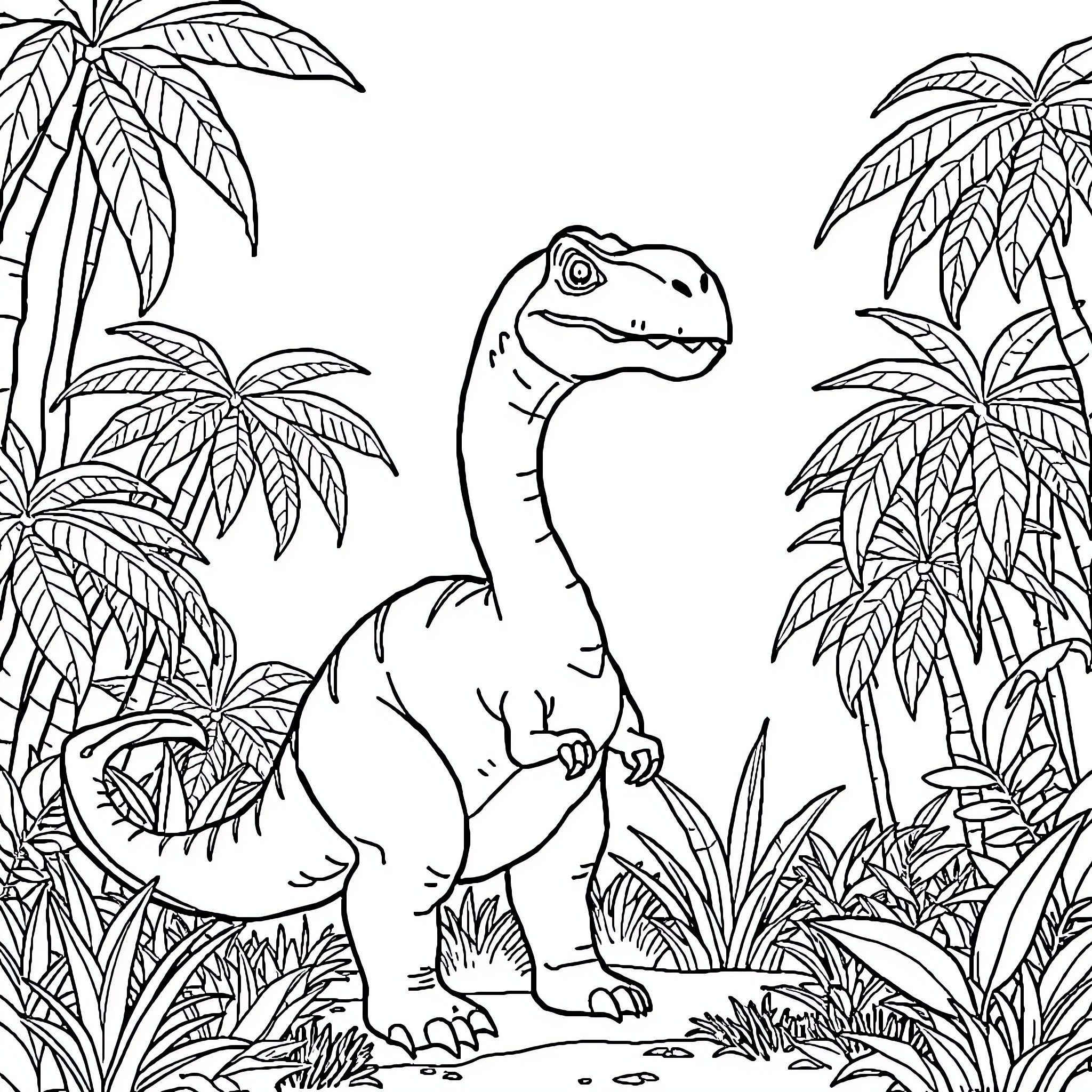 Dinosaur in Lush Tropical Jungle Landscape Coloring Page (free black-and-white line drawing printable PDF for all, from beginners to advanced learners, including children, teens, adults, and seniors)