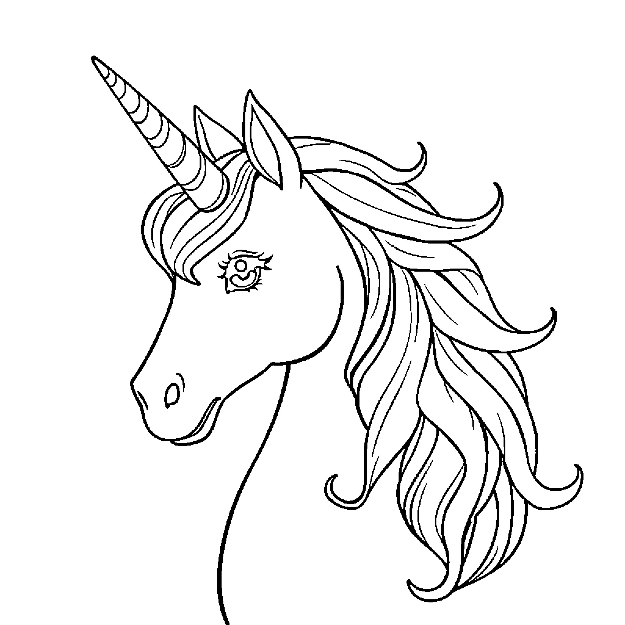 Unicorn with flowing mane and horn Coloring Page (free black-and-white line drawing printable PDF for all, from beginners to advanced learners, including children, teens, adults, and seniors)