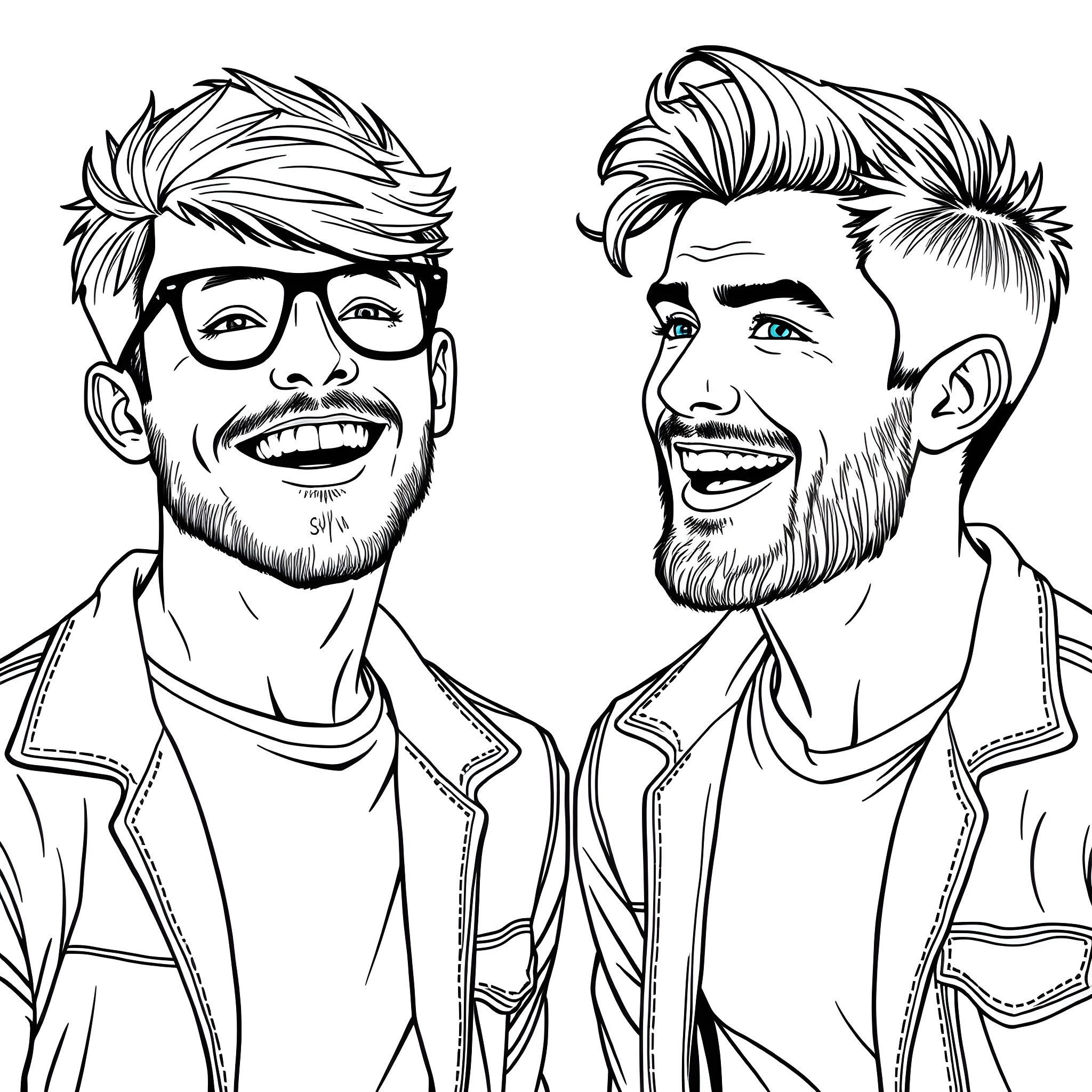 Guy wearing glasses and guy with beard smiling happily Coloring Page (free black-and-white line drawing printable PDF for all, from beginners to advanced learners, including children, teens, adults, and seniors)