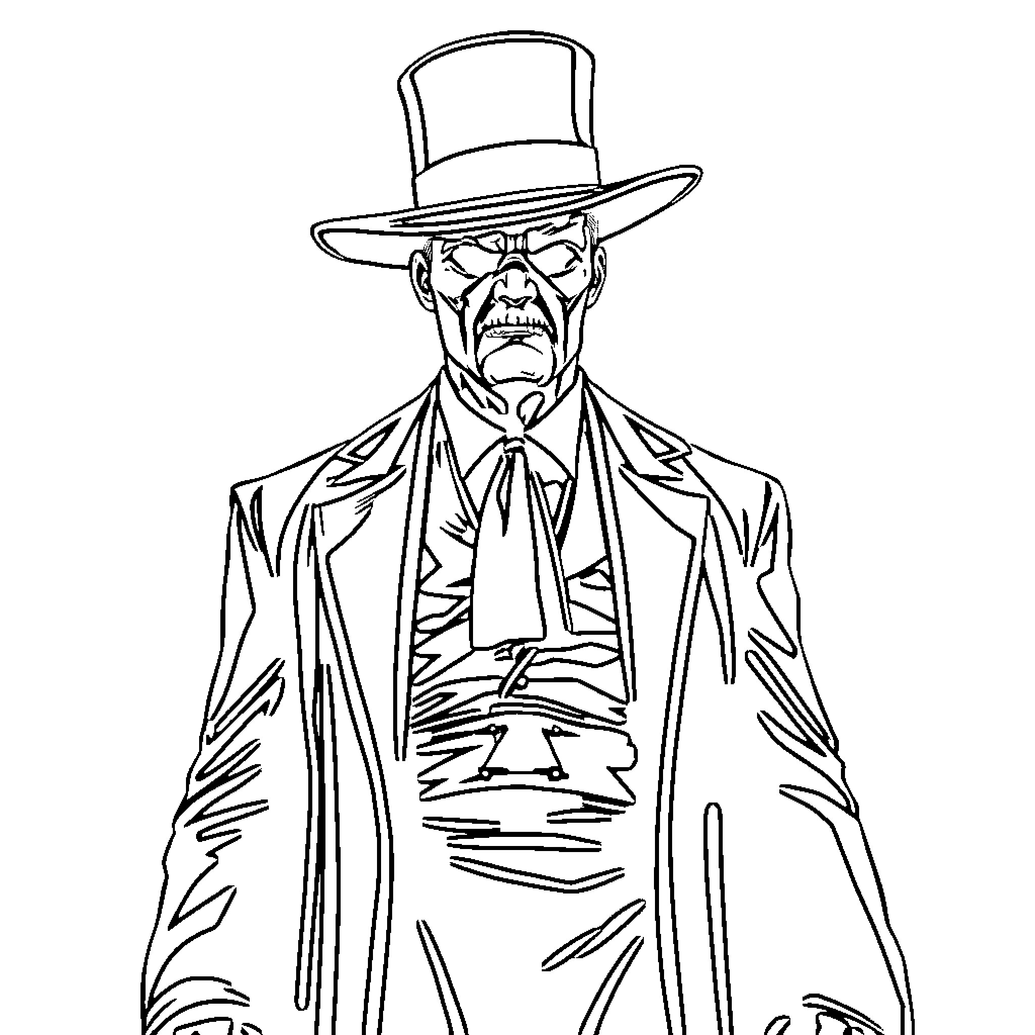 Undertaker in Serious Expression and Formal Attire Coloring Page (free black-and-white line drawing printable PDF for all, from beginners to advanced learners, including children, teens, adults, and seniors)