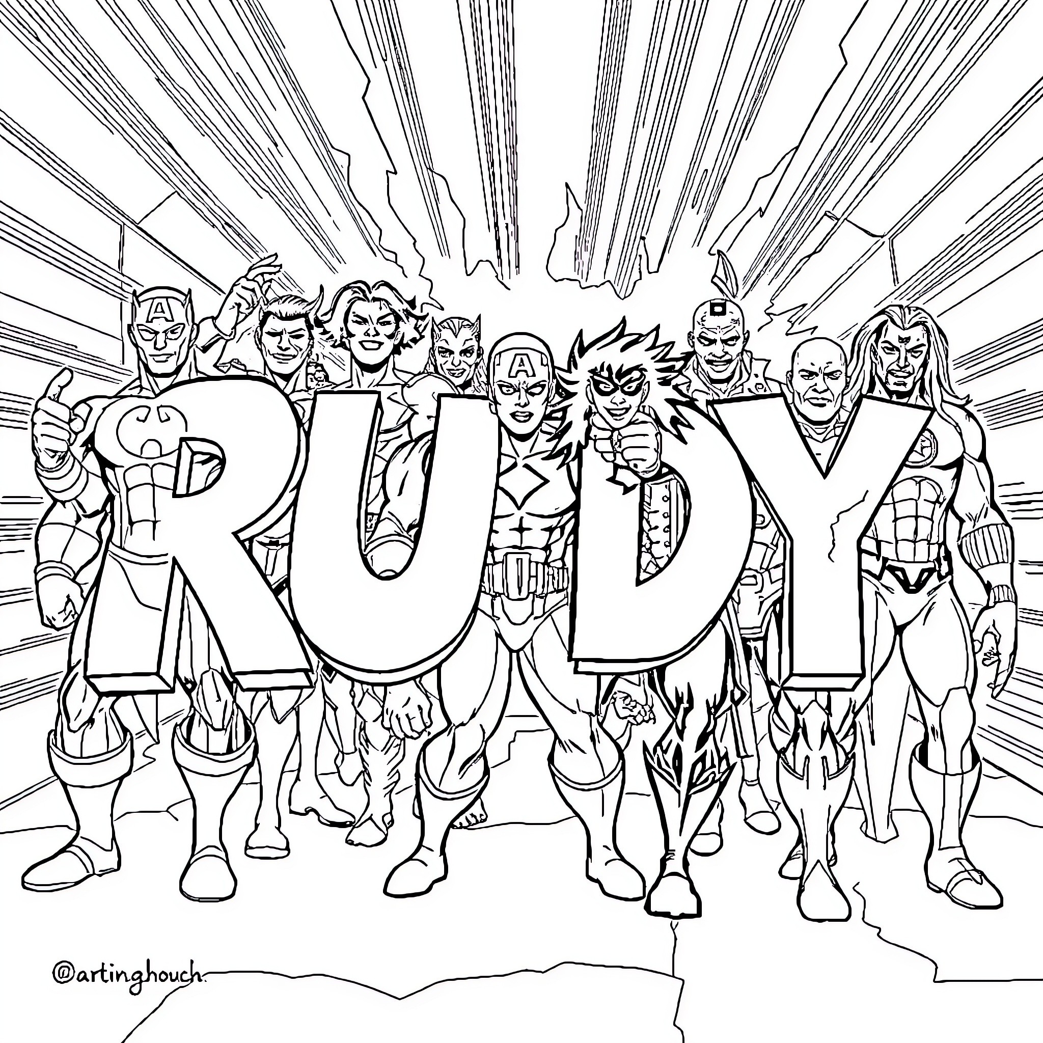 Marvel Heroes Posing with Heroic Expressions Coloring Page (free black-and-white line drawing printable PDF for all, from beginners to advanced learners, including children, teens, adults, and seniors)