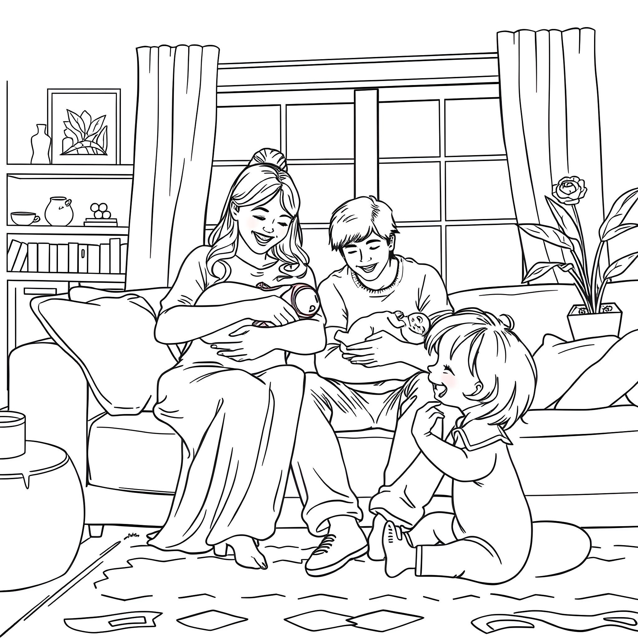 Family enjoying a cozy day at home together Coloring Page (free black-and-white line drawing printable PDF for all, from beginners to advanced learners, including children, teens, adults, and seniors)