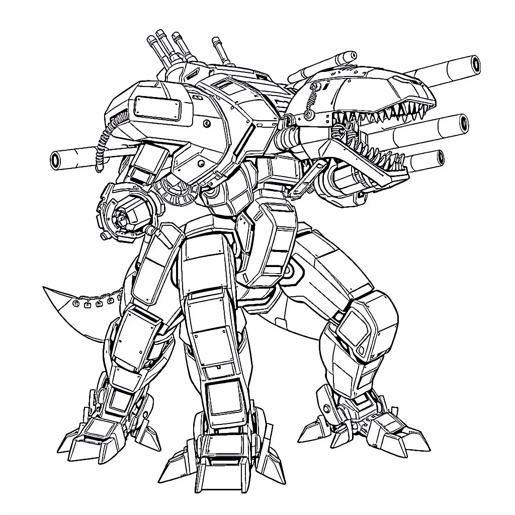 Metal Gear Rex in battle-ready pose Coloring Page (free black-and-white line drawing printable PDF for all, from beginners to advanced learners, including children, teens, adults, and seniors)