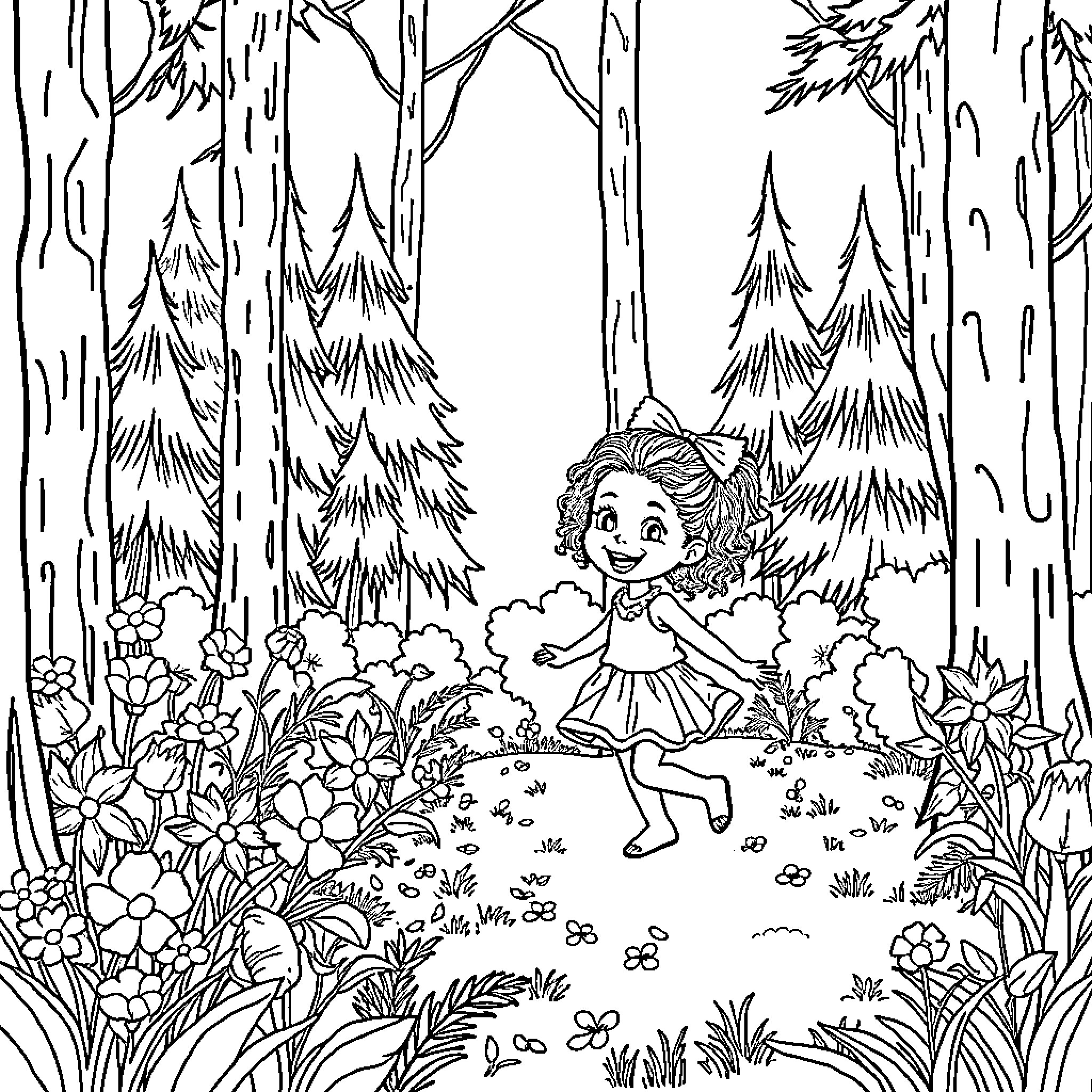 Girl in a flowery forest with trees Coloring Page (free black-and-white line drawing printable PDF for all, from beginners to advanced learners, including children, teens, adults, and seniors)