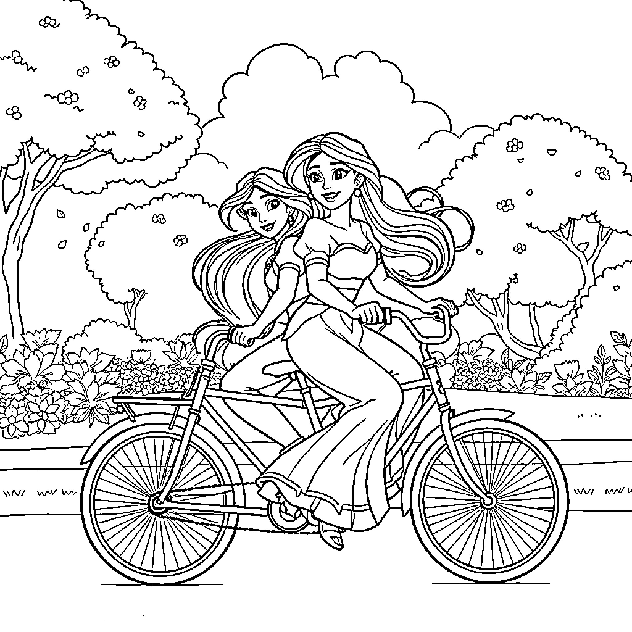Jasmine and Rapunzel share a joyful bicycle ride in nature Coloring Page (free black-and-white line drawing printable PDF for all, from beginners to advanced learners, including children, teens, adults, and seniors)