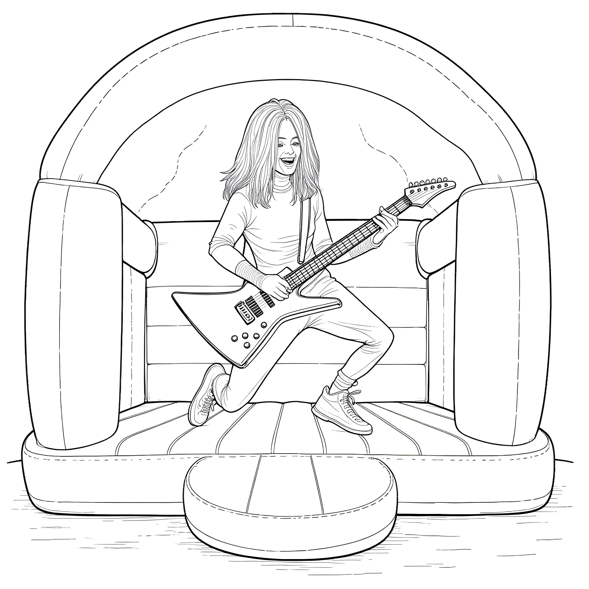 Guitarist performing on stage with guitar Coloring Page (free black-and-white line drawing printable PDF for all, from beginners to advanced learners, including children, teens, adults, and seniors)