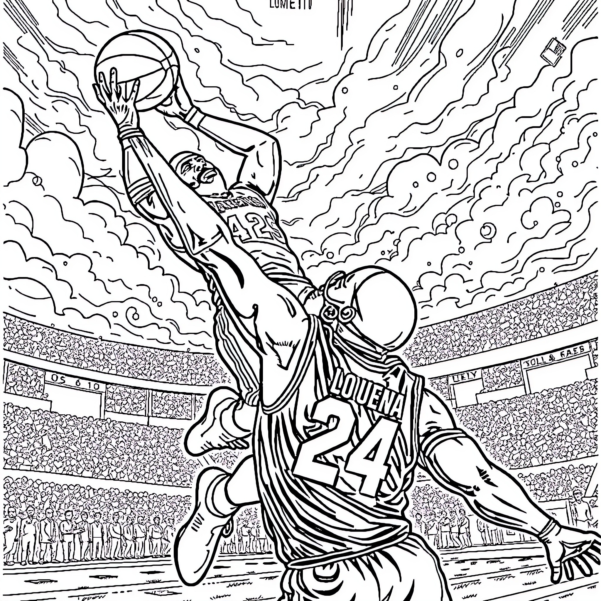 LeBron James' Impressive Slam Dunk on the Basketball Court Coloring Page (free black-and-white line drawing printable PDF for all, from beginners to advanced learners, including children, teens, adults, and seniors)