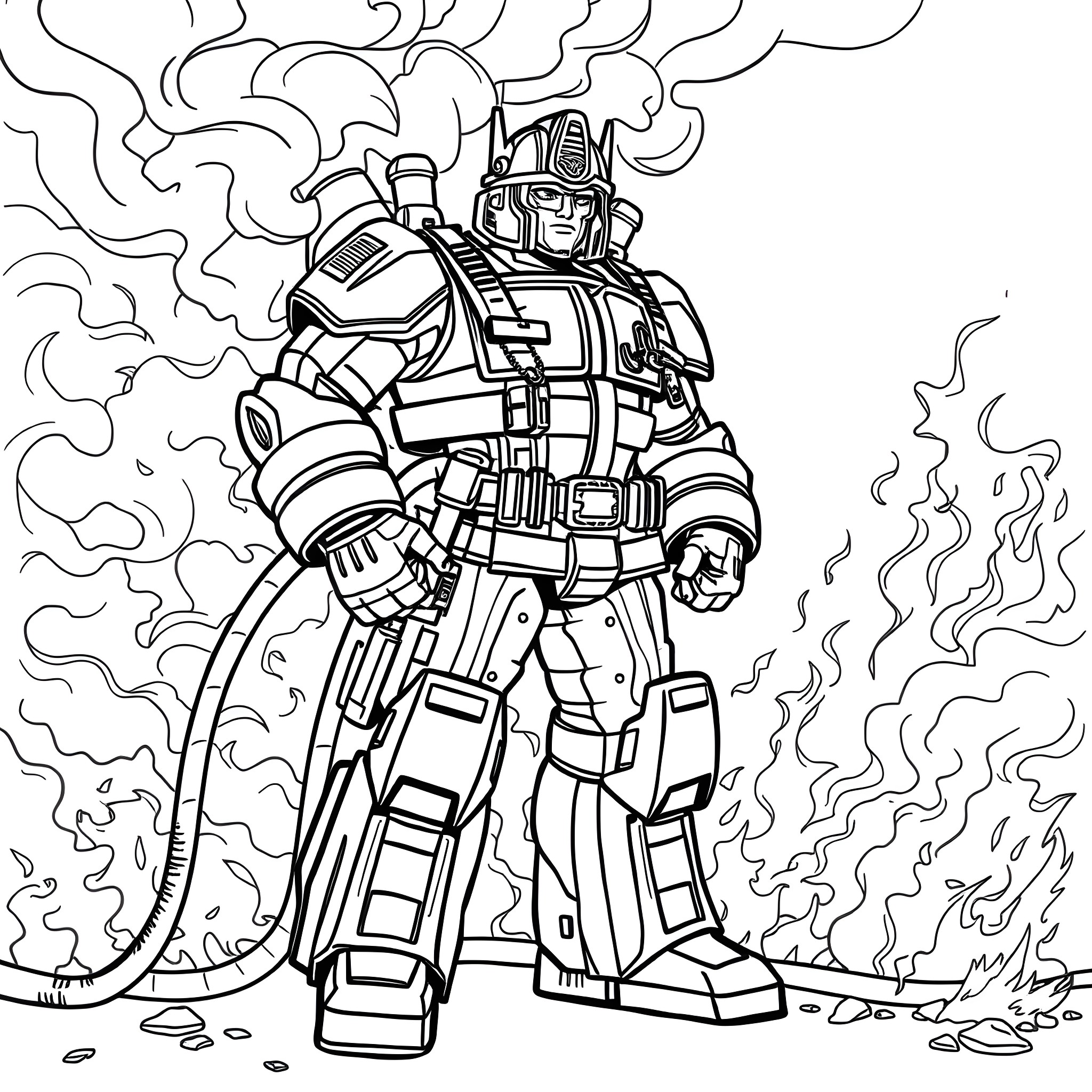 Transformer hero in action-packed battle Coloring Page (free black-and-white line drawing printable PDF for all, from beginners to advanced learners, including children, teens, adults, and seniors)