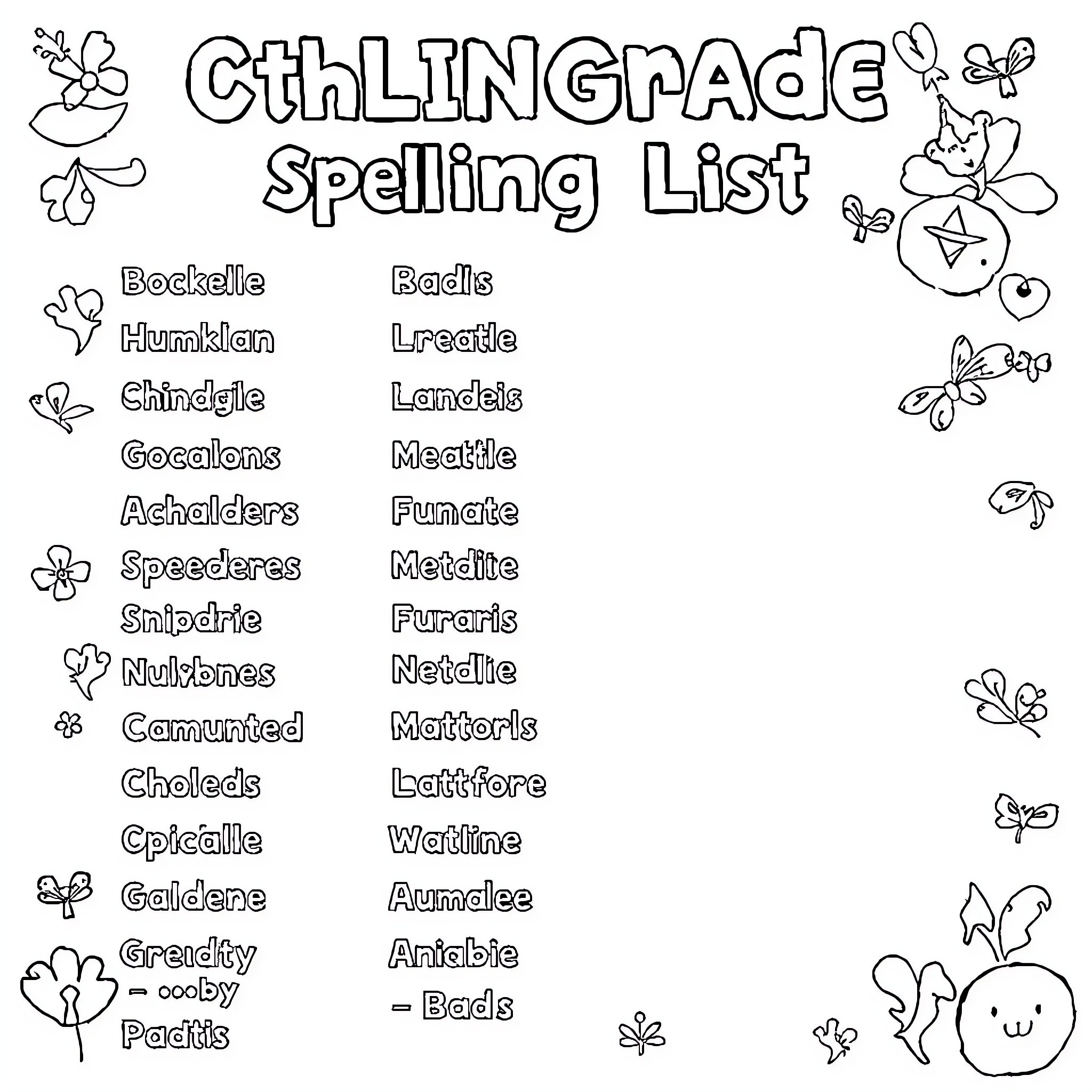 Spelling List for 4th Grade Coloring Page (free black-and-white line drawing printable PDF for all, from beginners to advanced learners, including children, teens, adults, and seniors)