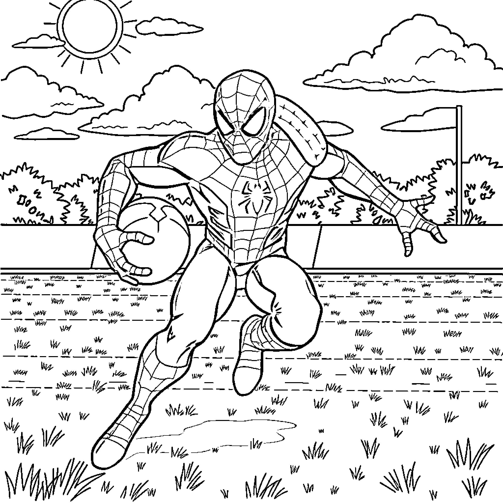 Spiderman swinging through the city landscape Coloring Page (free black-and-white line drawing printable PDF for all, from beginners to advanced learners, including children, teens, adults, and seniors)