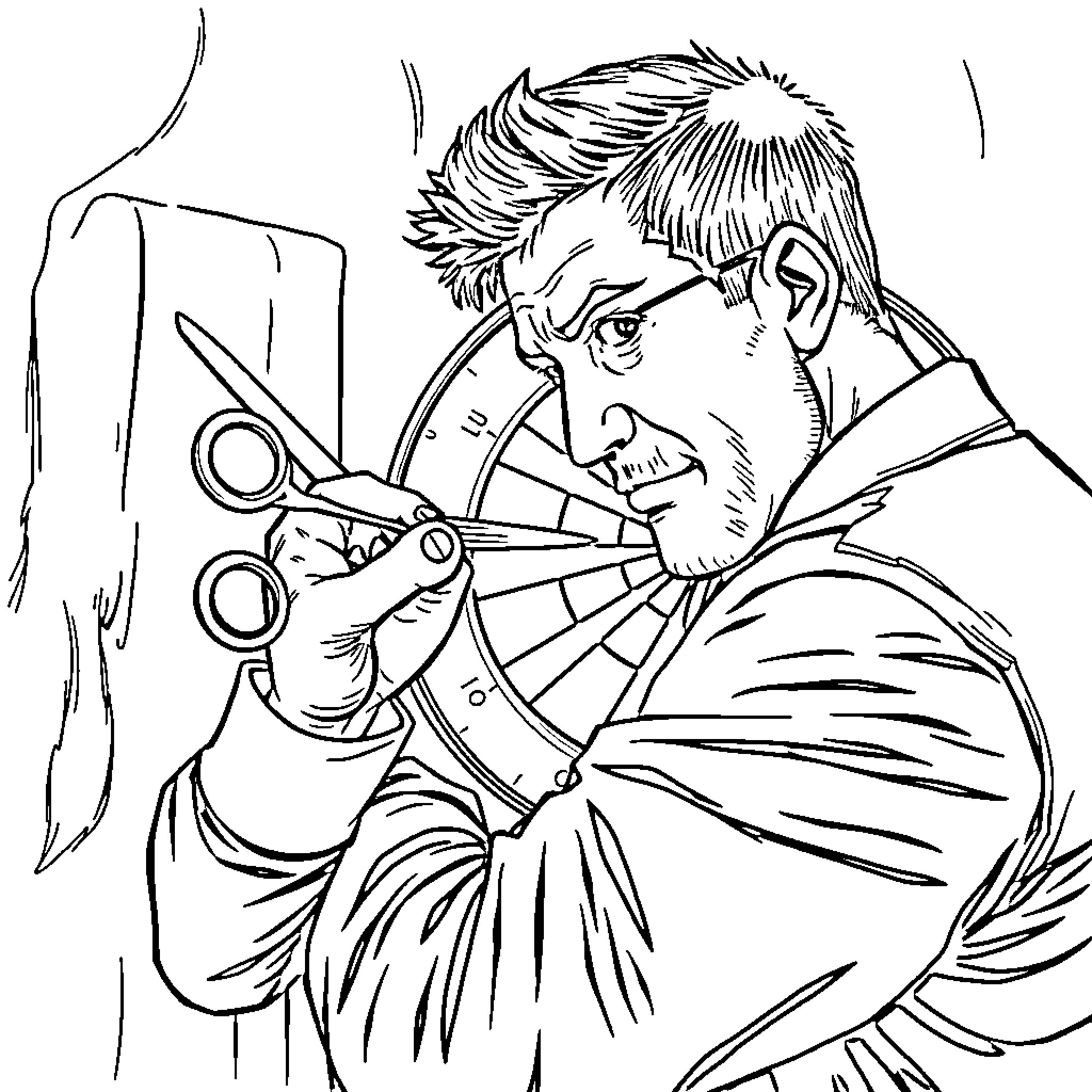 Guy intensely focused on cutting with scissors Coloring Page (free black-and-white line drawing printable PDF for all, from beginners to advanced learners, including children, teens, adults, and seniors)