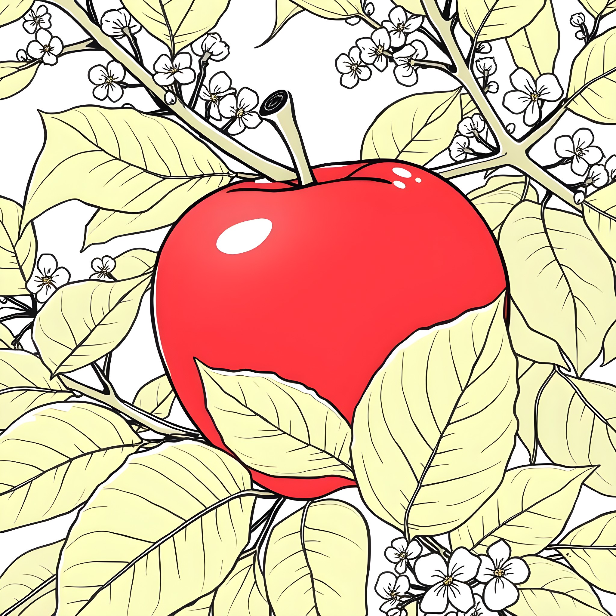 Apple blooming with flowers on the branch Coloring Page (free black-and-white line drawing printable PDF for all, from beginners to advanced learners, including children, teens, adults, and seniors)