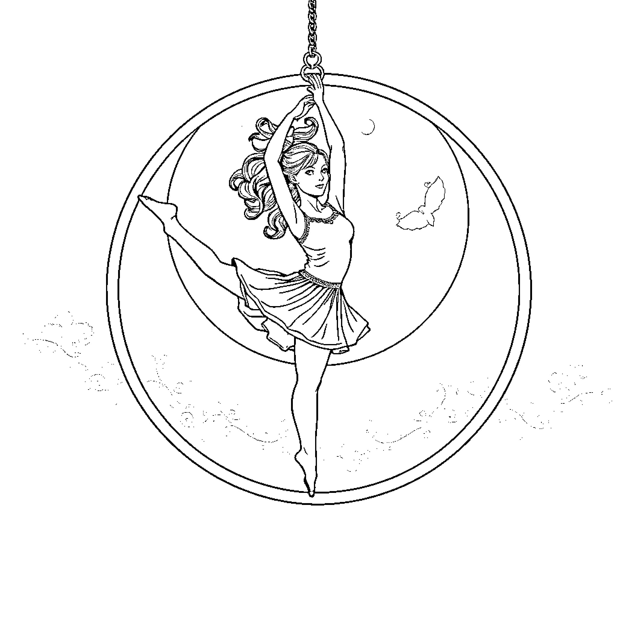 Girl gracefully dancing in a suspended hoop Coloring Page (free black-and-white line drawing printable PDF for all, from beginners to advanced learners, including children, teens, adults, and seniors)