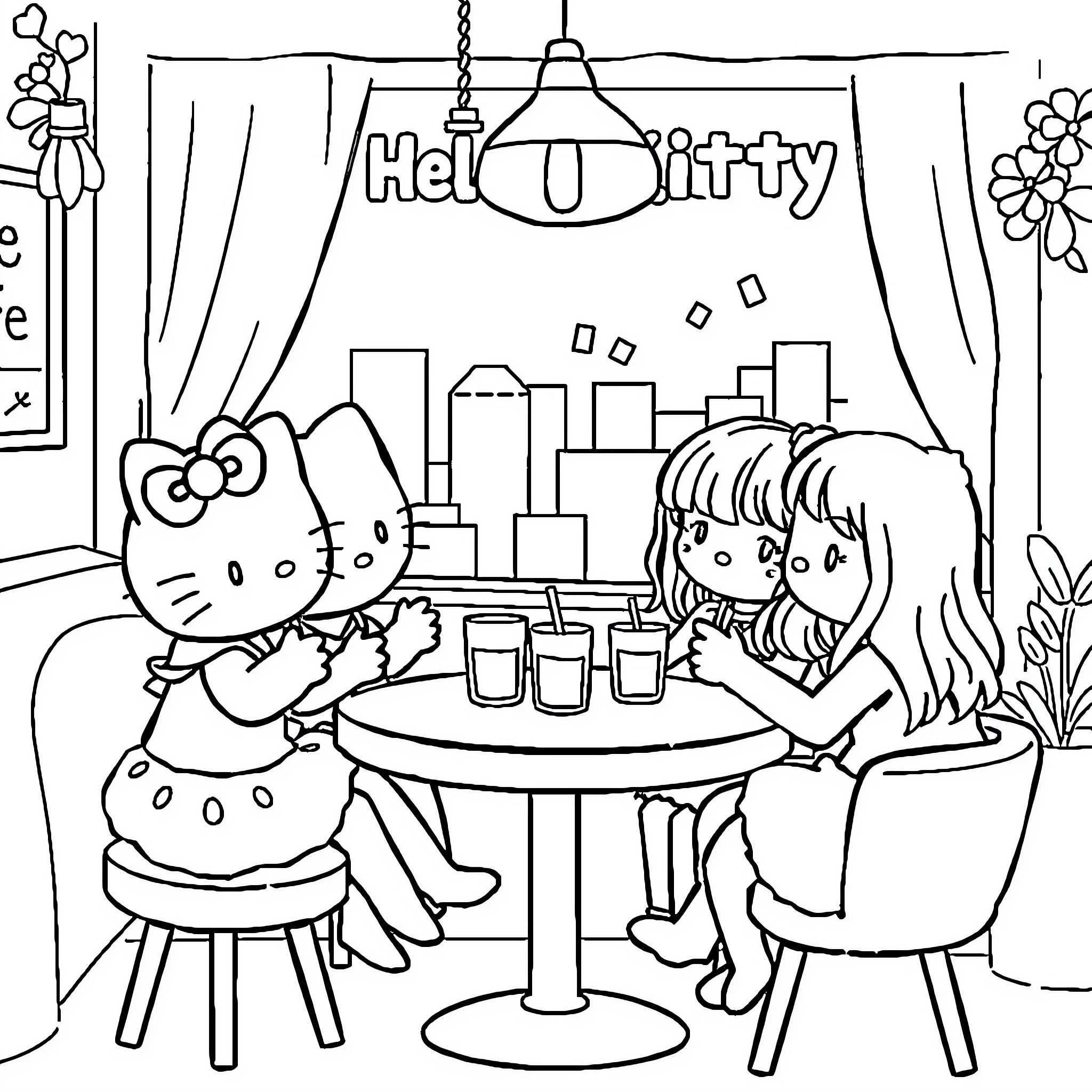 Hello Kitty enjoying tea with friends Coloring Page (free black-and-white line drawing printable PDF for all, from beginners to advanced learners, including children, teens, adults, and seniors)