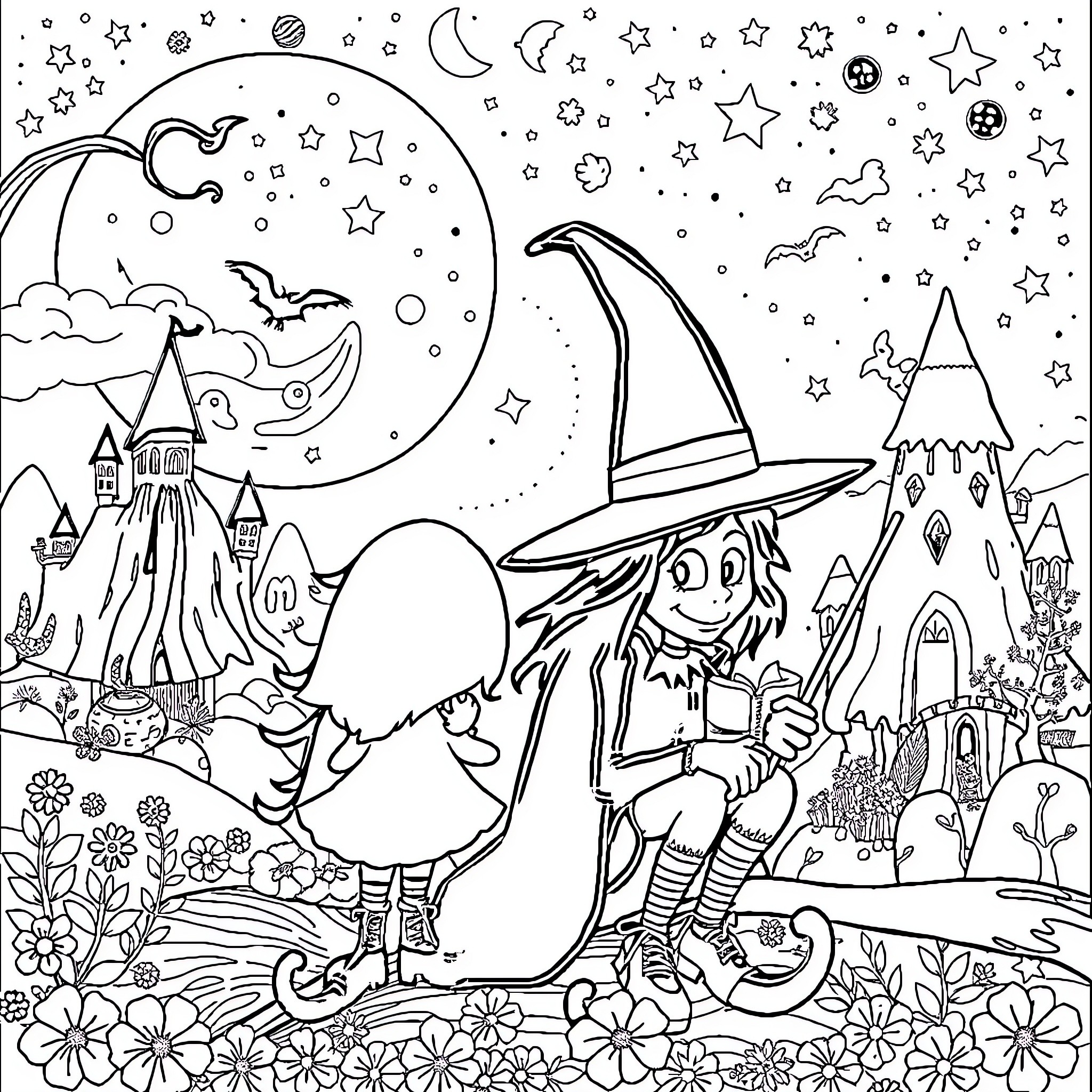Bluey's Magical Moonlit Adventure Coloring Page (free black-and-white line drawing printable PDF for all, from beginners to advanced learners, including children, teens, adults, and seniors)