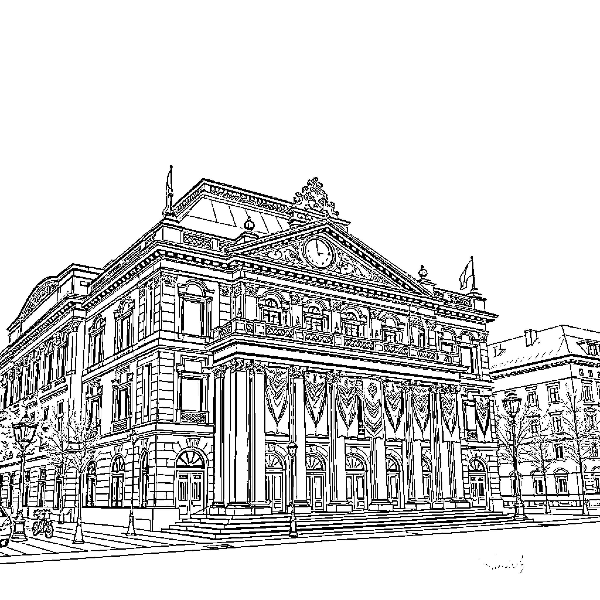 Staatstheater: Ornate Architecture and Decorative Facade Coloring Page (free black-and-white line drawing printable PDF for all, from beginners to advanced learners, including children, teens, adults, and seniors)