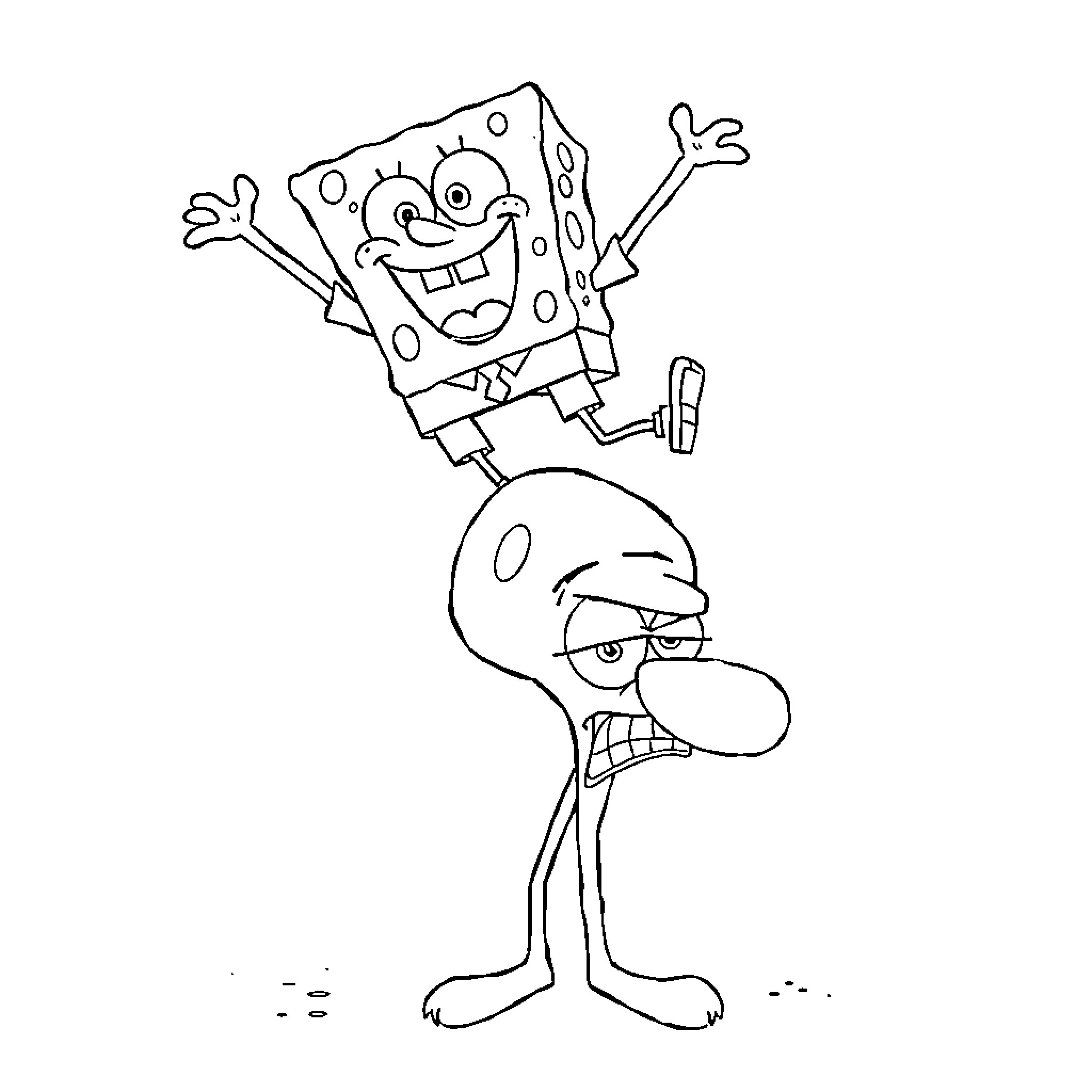 Spongebob having fun and frustrating Squidward Coloring Page (free black-and-white line drawing printable PDF for all, from beginners to advanced learners, including children, teens, adults, and seniors)