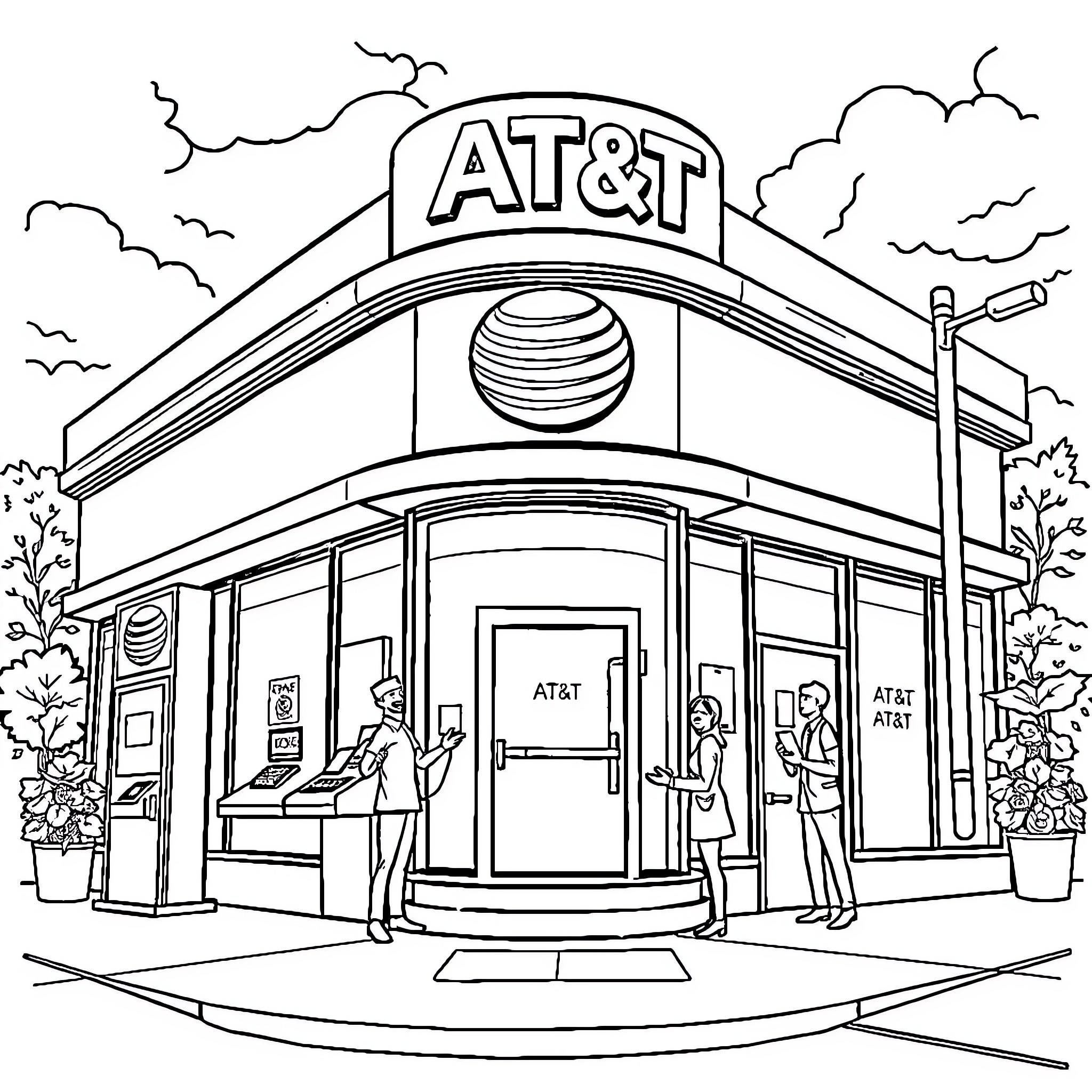 AT&T Store Exterior with Customers Coloring Page (free black-and-white line drawing printable PDF for all, from beginners to advanced learners, including children, teens, adults, and seniors)