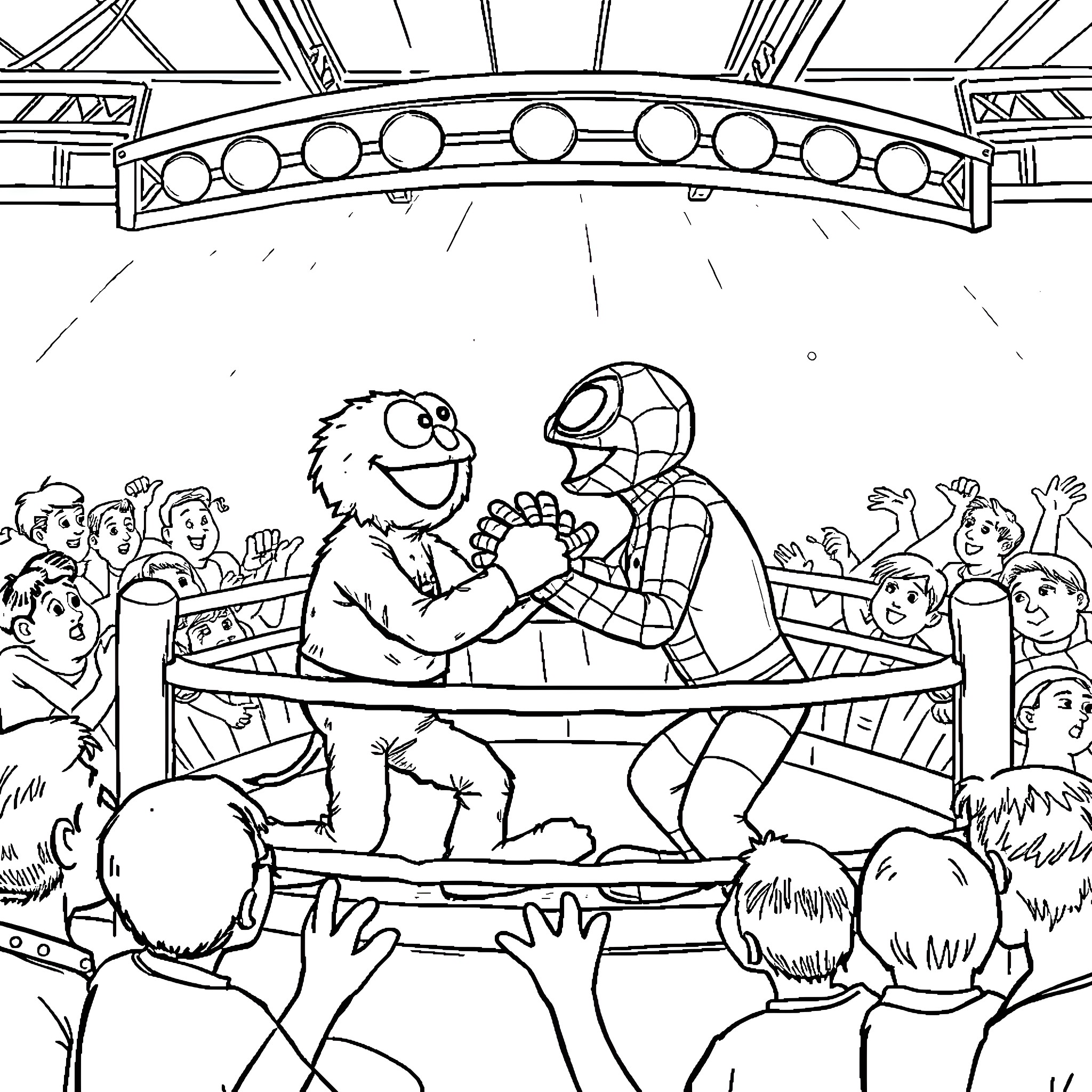 Elmo Interacting with Friends in Wrestling Match Coloring Page (free black-and-white line drawing printable PDF for all, from beginners to advanced learners, including children, teens, adults, and seniors)