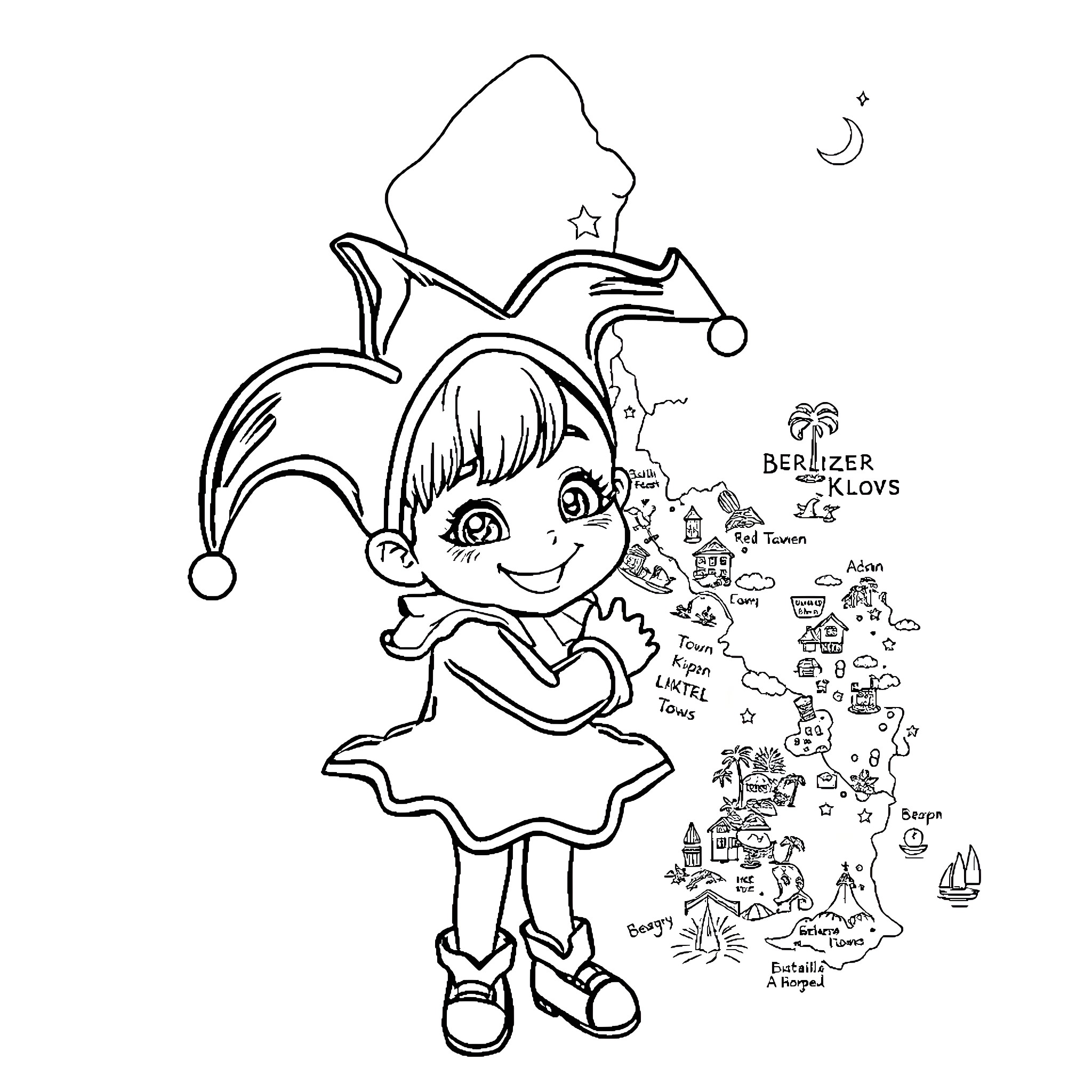 Kuromi's Whimsical Adventure in a Fantastical World Coloring Page (free black-and-white line drawing printable PDF for all, from beginners to advanced learners, including children, teens, adults, and seniors)
