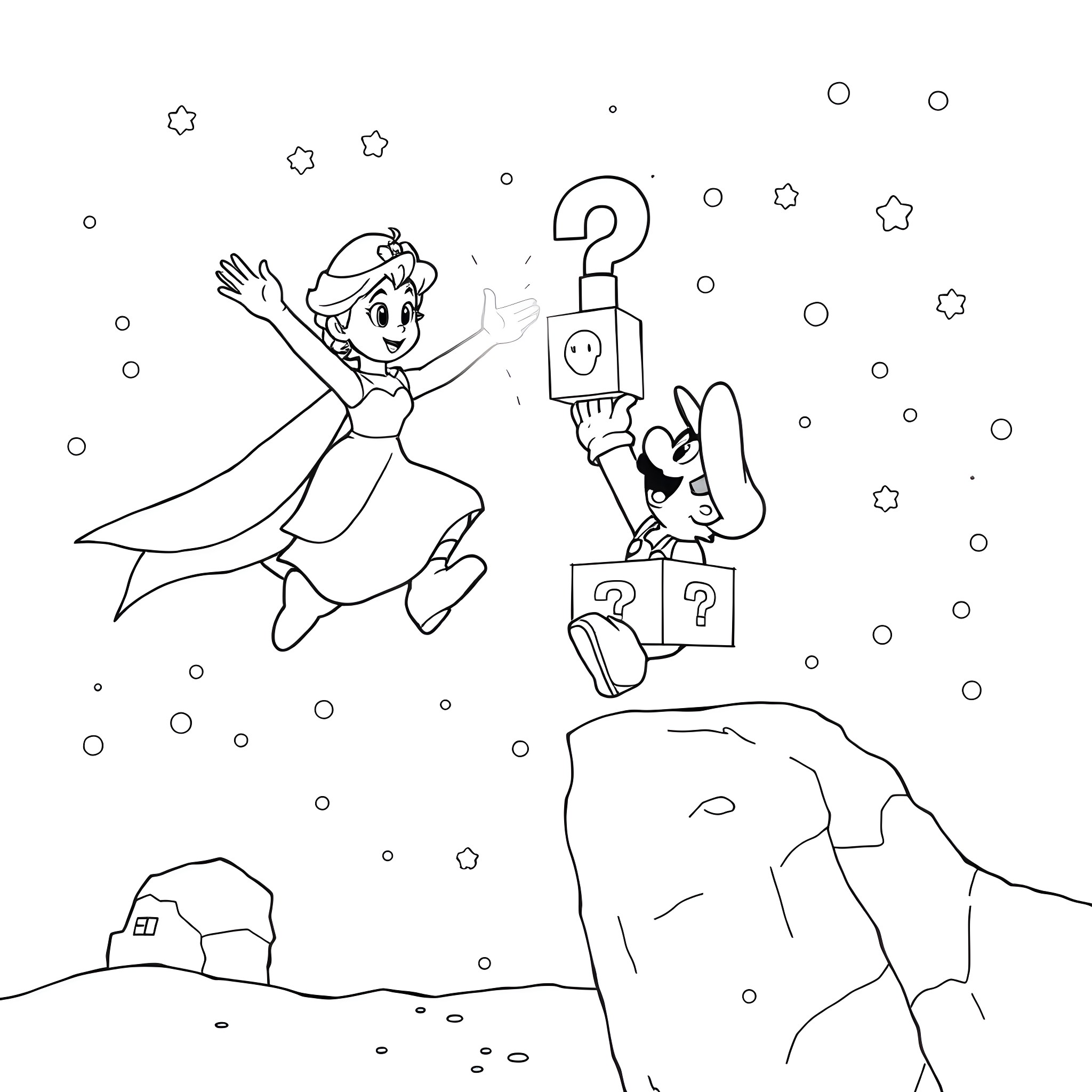 Elsa's Magical Adventure in the Snowy Wonderland Coloring Page (free black-and-white line drawing printable PDF for all, from beginners to advanced learners, including children, teens, adults, and seniors)