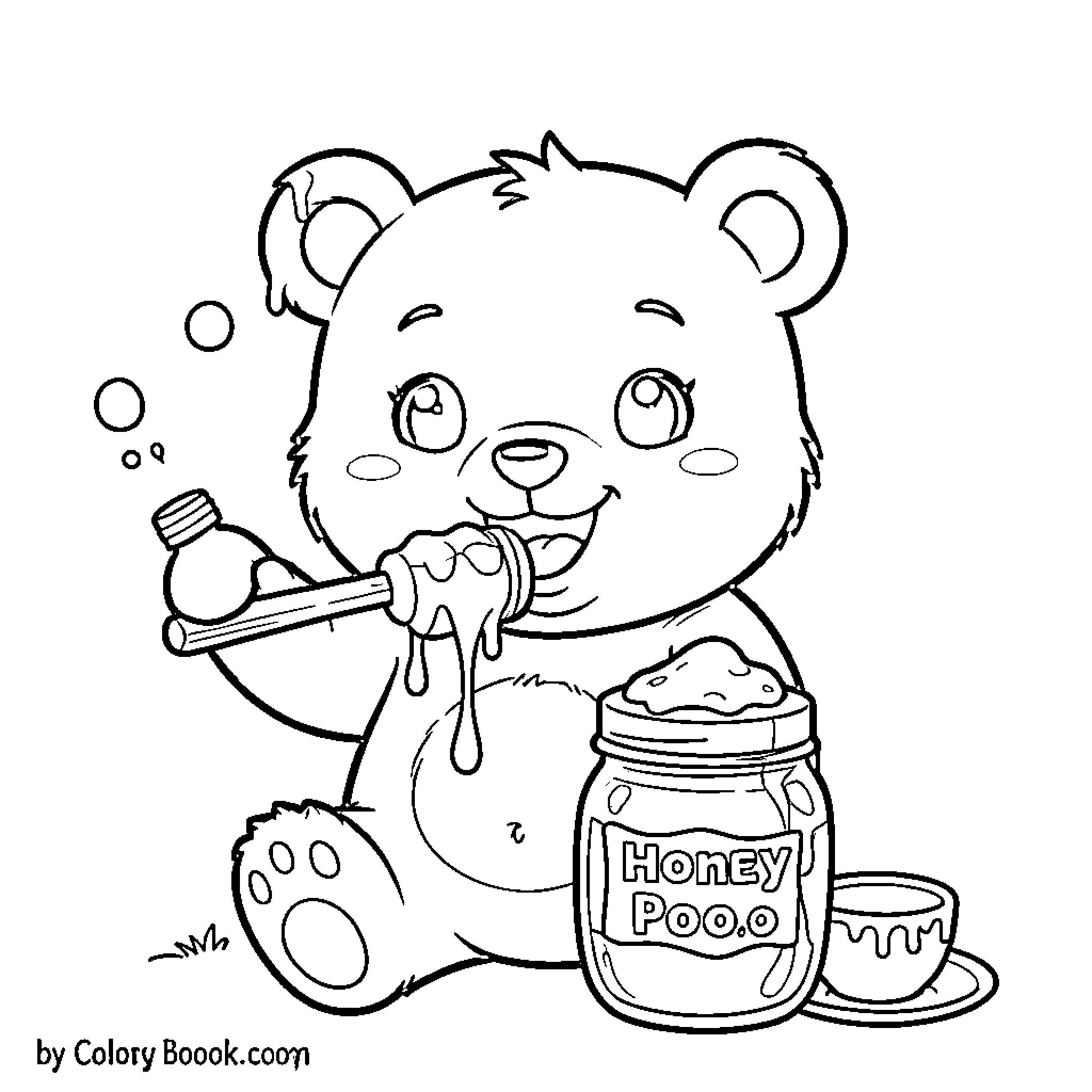 Honey Pooh Bear Enjoying a Delicious Treat Coloring Page (free black-and-white line drawing printable PDF for all, from beginners to advanced learners, including children, teens, adults, and seniors)