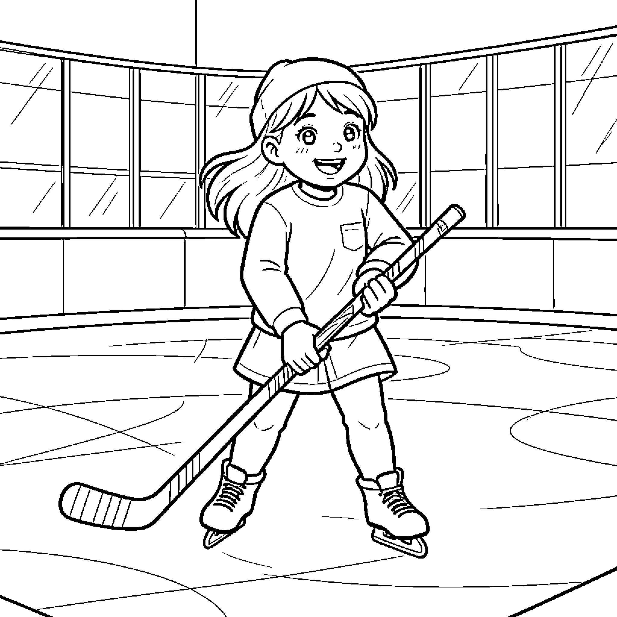 Girl playing hockey in the rink Coloring Page (free black-and-white line drawing printable PDF for all, from beginners to advanced learners, including children, teens, adults, and seniors)