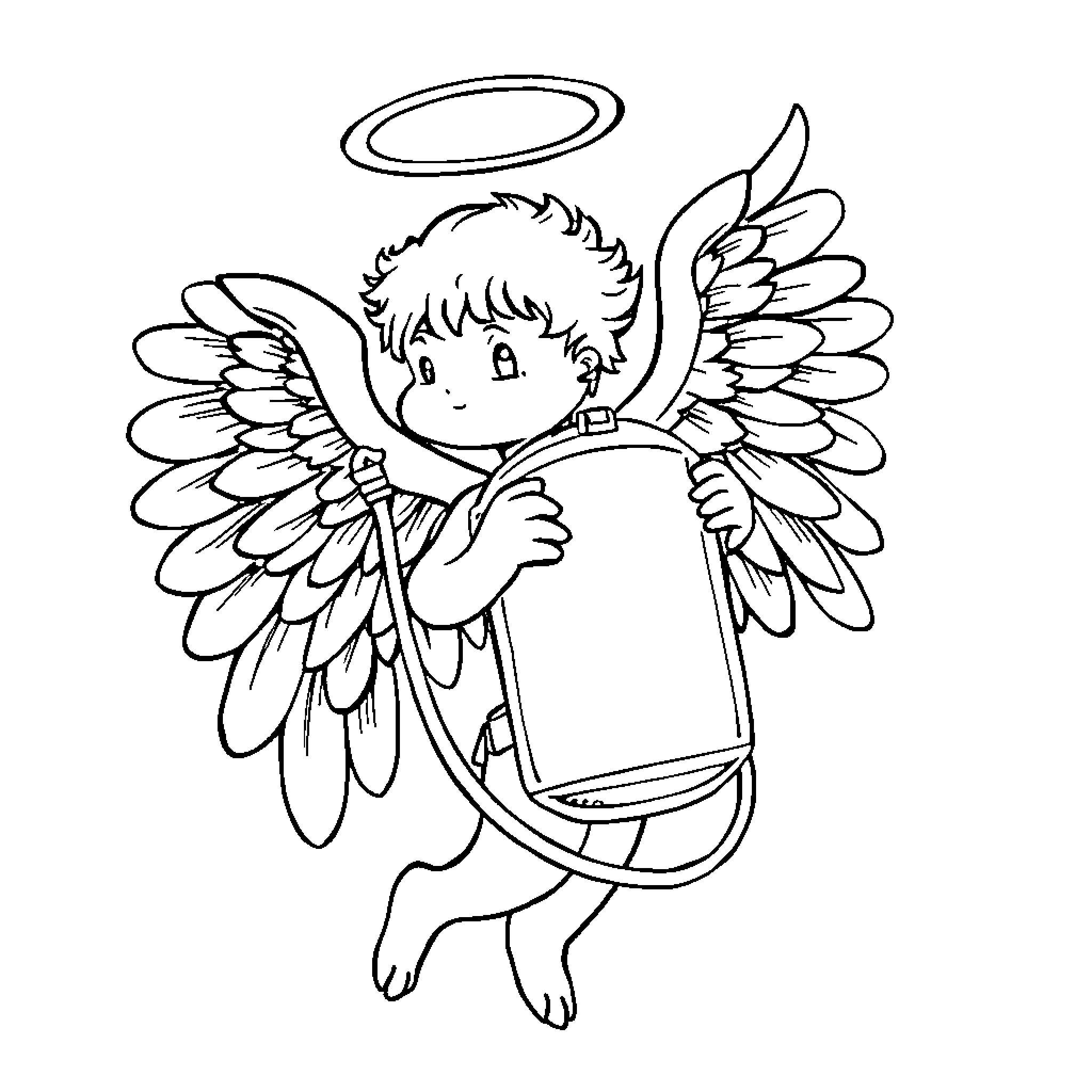 Angel Playing with Halo and Wings Coloring Page (free black-and-white line drawing printable PDF for all, from beginners to advanced learners, including children, teens, adults, and seniors)