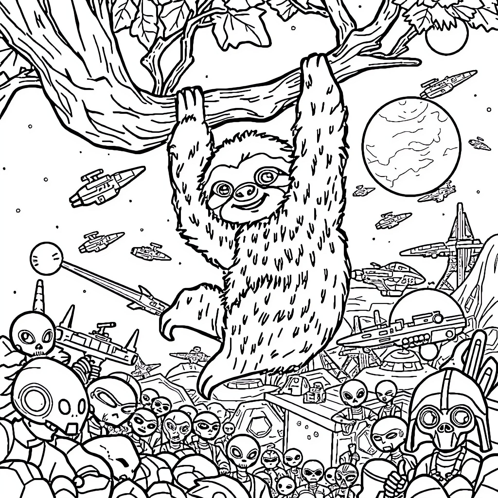 Sloth exploring the wondrous intergalactic landscape Coloring Page (free black-and-white line drawing printable PDF for all, from beginners to advanced learners, including children, teens, adults, and seniors)