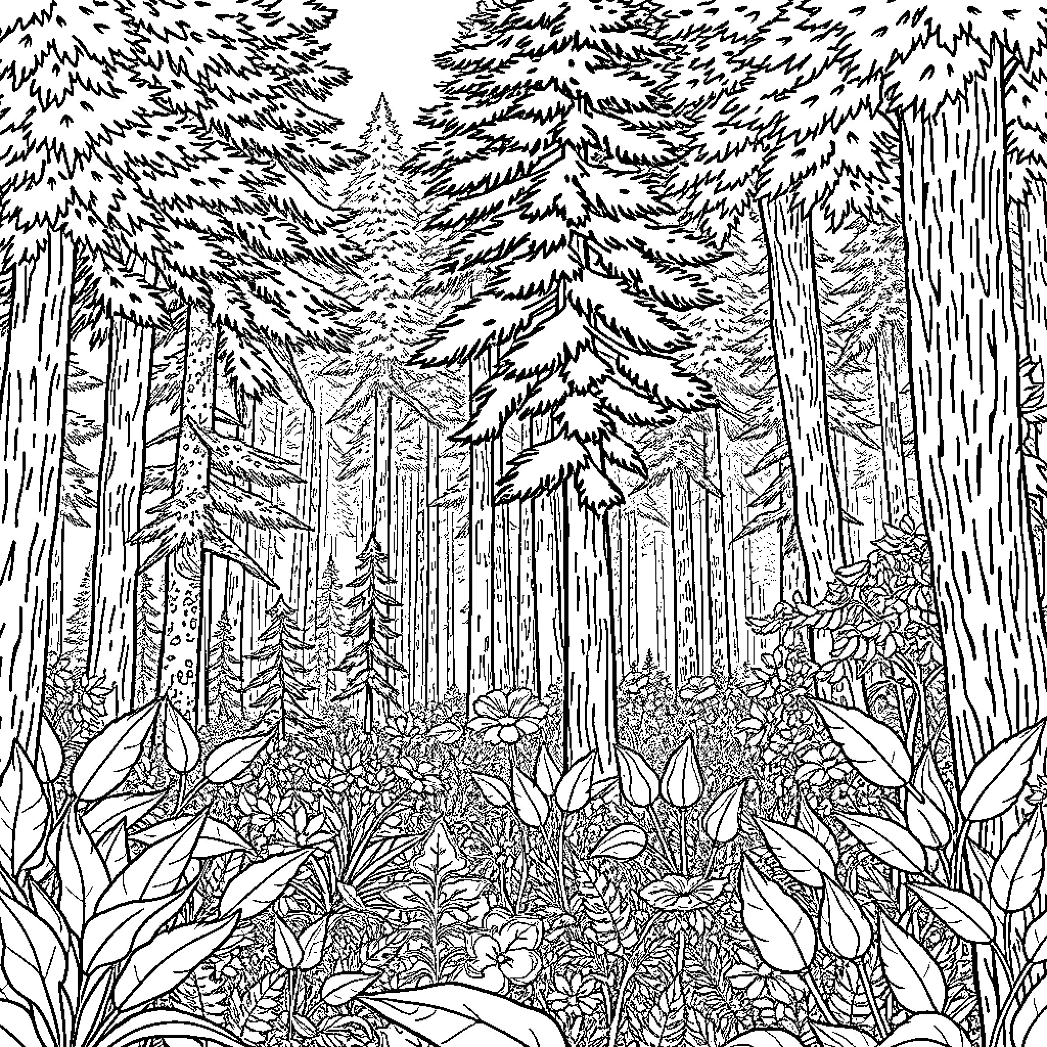 Forest trail among lush foliage and towering trees Coloring Page (free black-and-white line drawing printable PDF for all, from beginners to advanced learners, including children, teens, adults, and seniors)