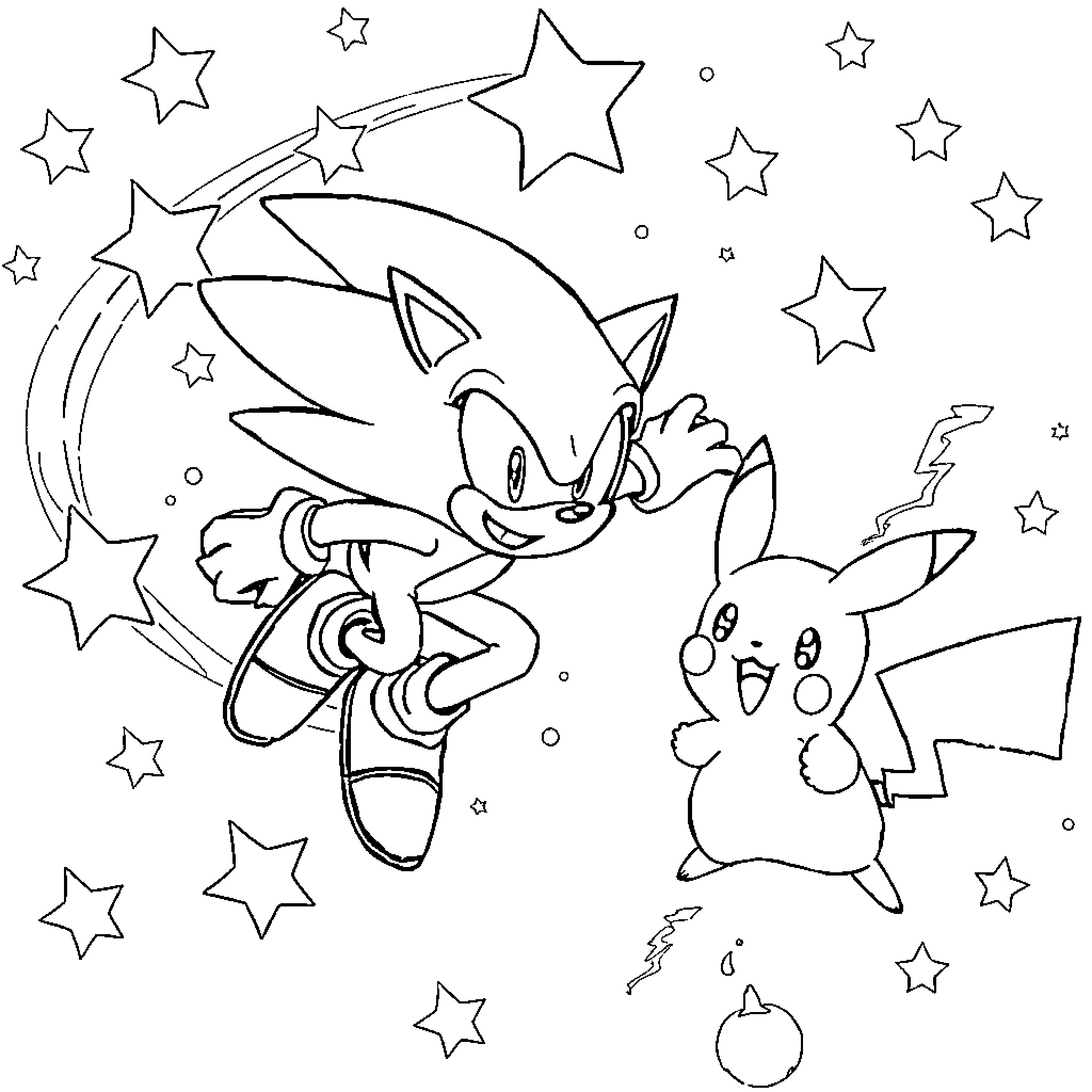 Sonic and Pikachu playing in the starry night Coloring Page (free black-and-white line drawing printable PDF for all, from beginners to advanced learners, including children, teens, adults, and seniors)