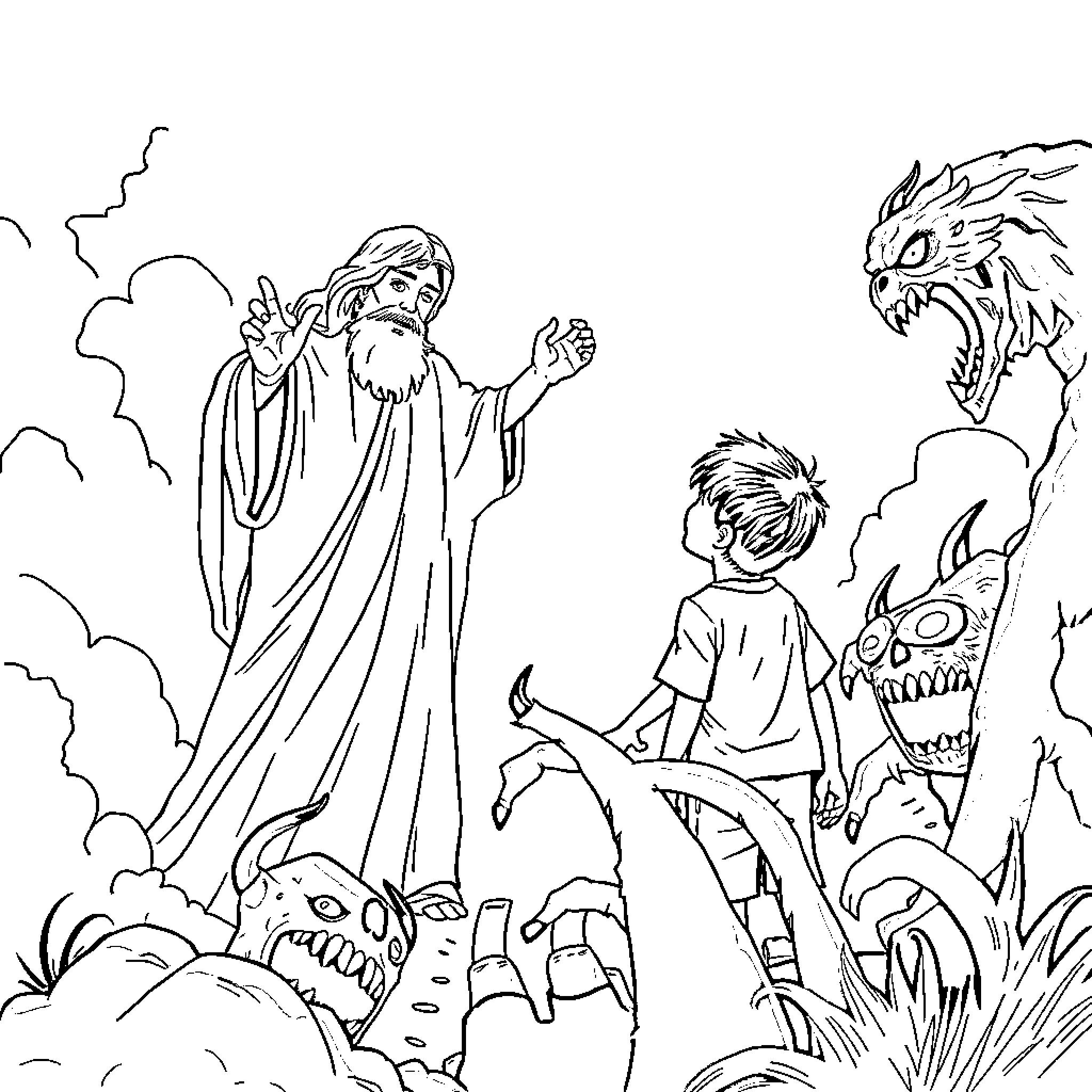God Protects Child from Fearsome Creatures Coloring Page (free black-and-white line drawing printable PDF for all, from beginners to advanced learners, including children, teens, adults, and seniors)