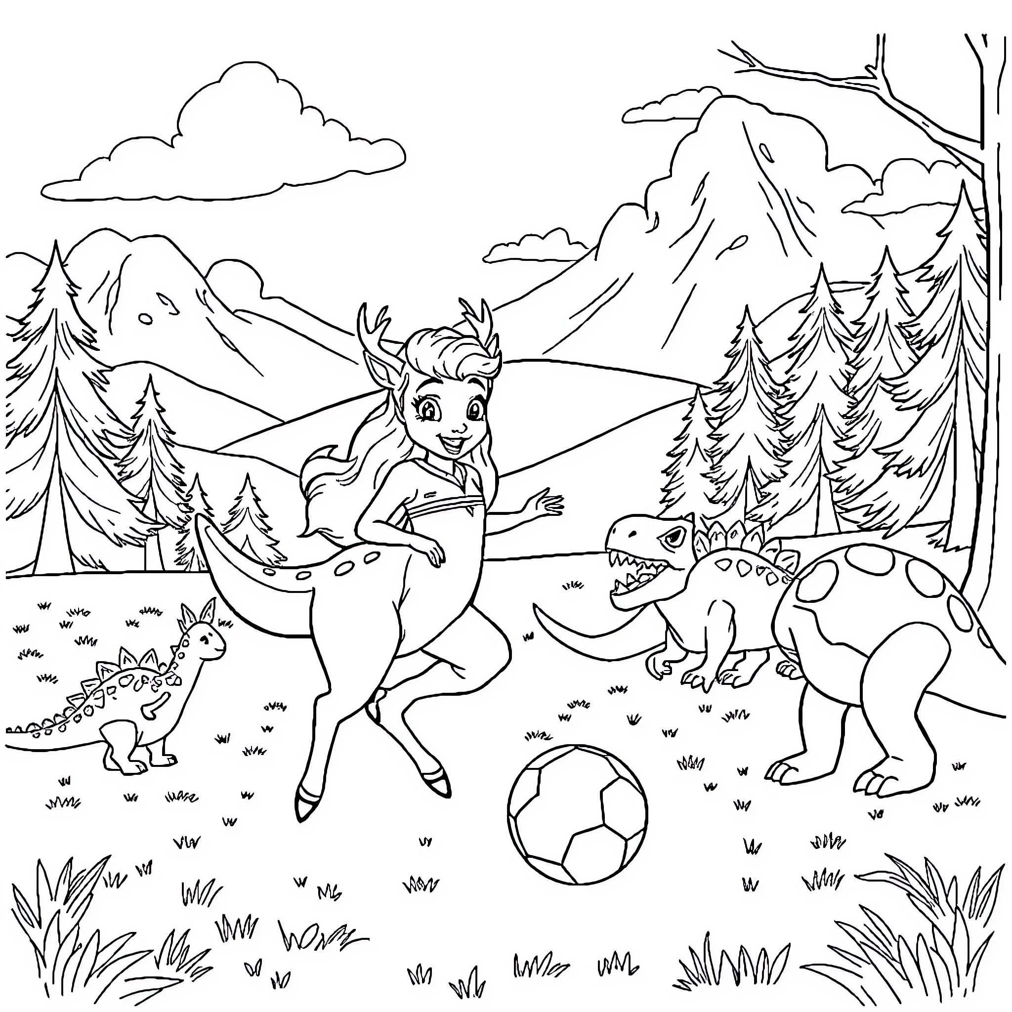 Queen's Enchanted Forest Adventure with Dinosaurs Coloring Page (free black-and-white line drawing printable PDF for all, from beginners to advanced learners, including children, teens, adults, and seniors)