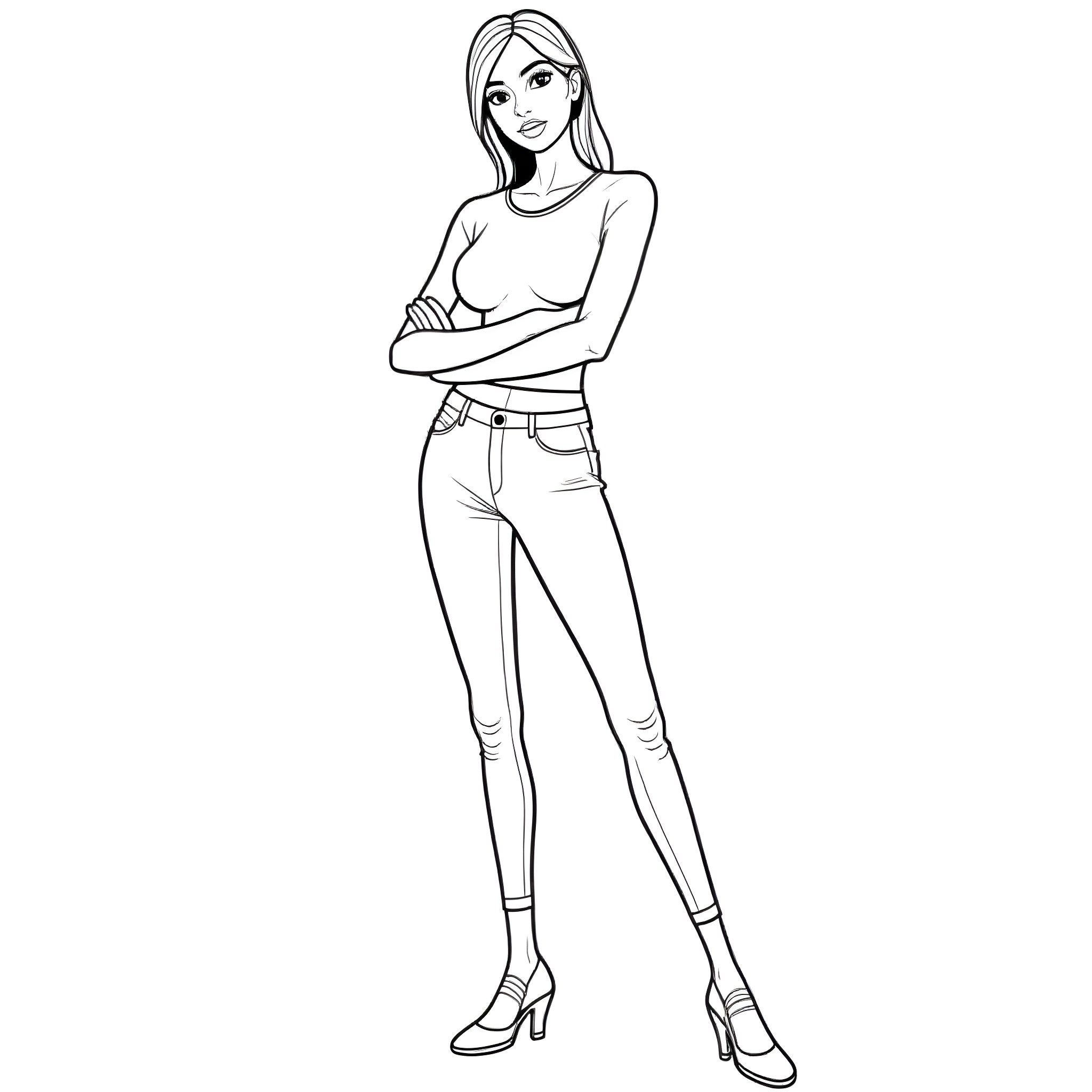 Model posing confidently in casual outfit Coloring Page (free black-and-white line drawing printable PDF for all, from beginners to advanced learners, including children, teens, adults, and seniors)