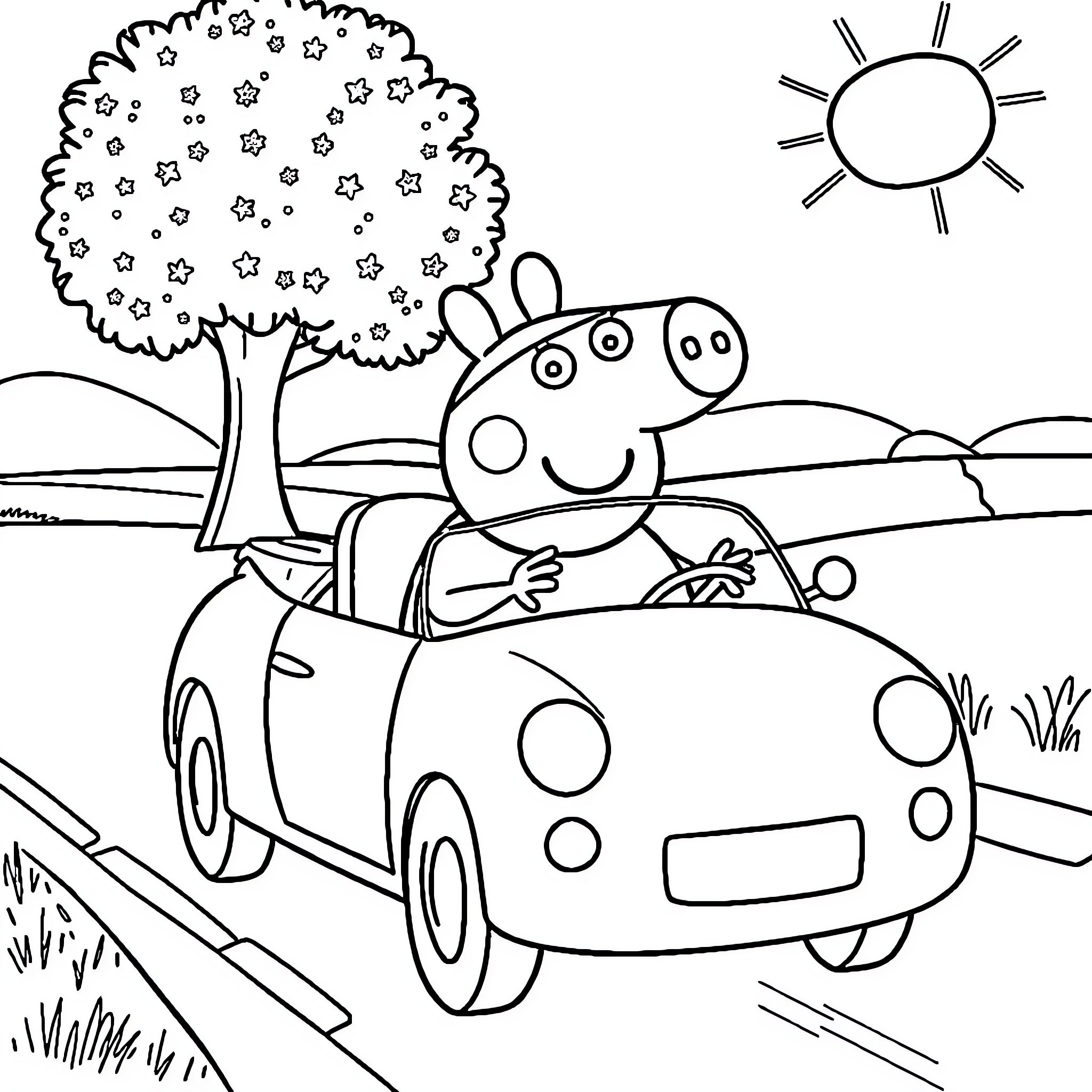 Peppa Pig driving happily in a car Coloring Page (free black-and-white line drawing printable PDF for all, from beginners to advanced learners, including children, teens, adults, and seniors)