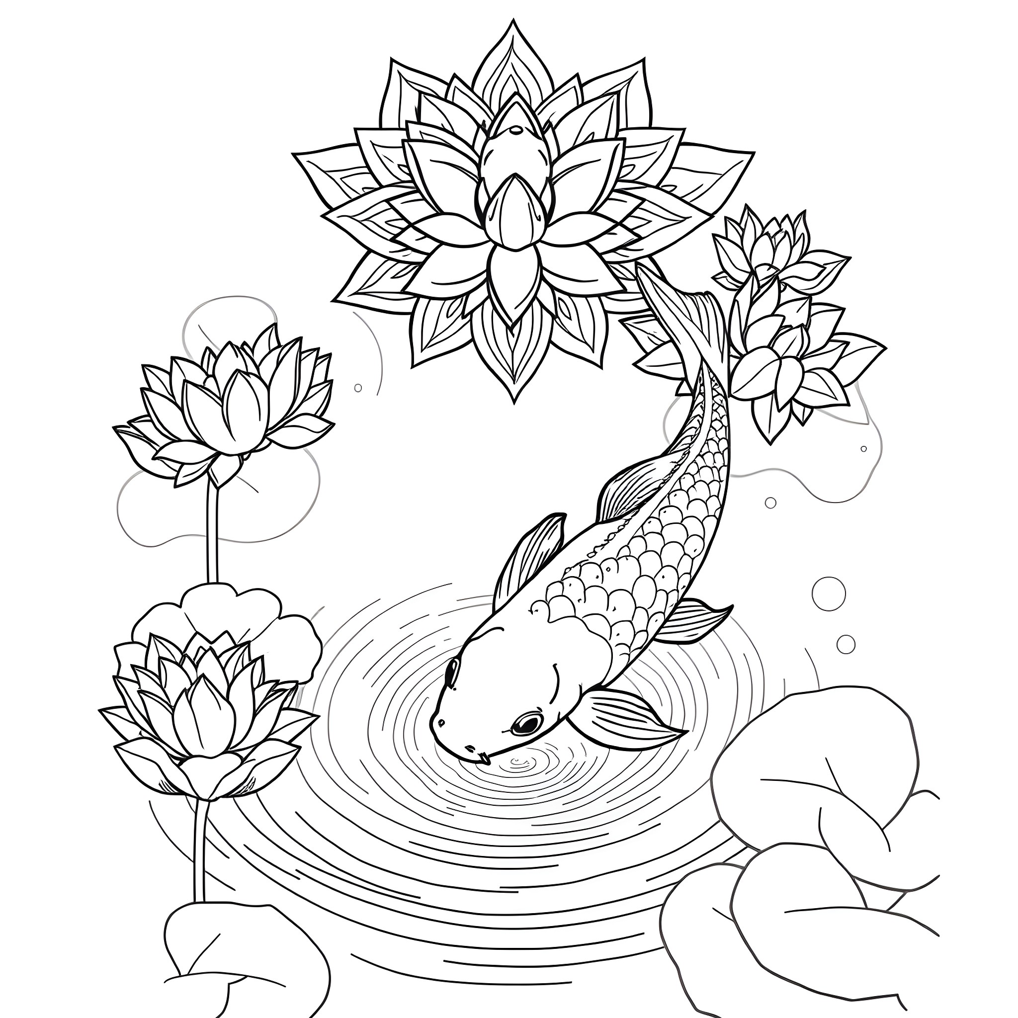 Koi Fish Swimming Amidst Lotus Flowers Coloring Page (free black-and-white line drawing printable PDF for all, from beginners to advanced learners, including children, teens, adults, and seniors)