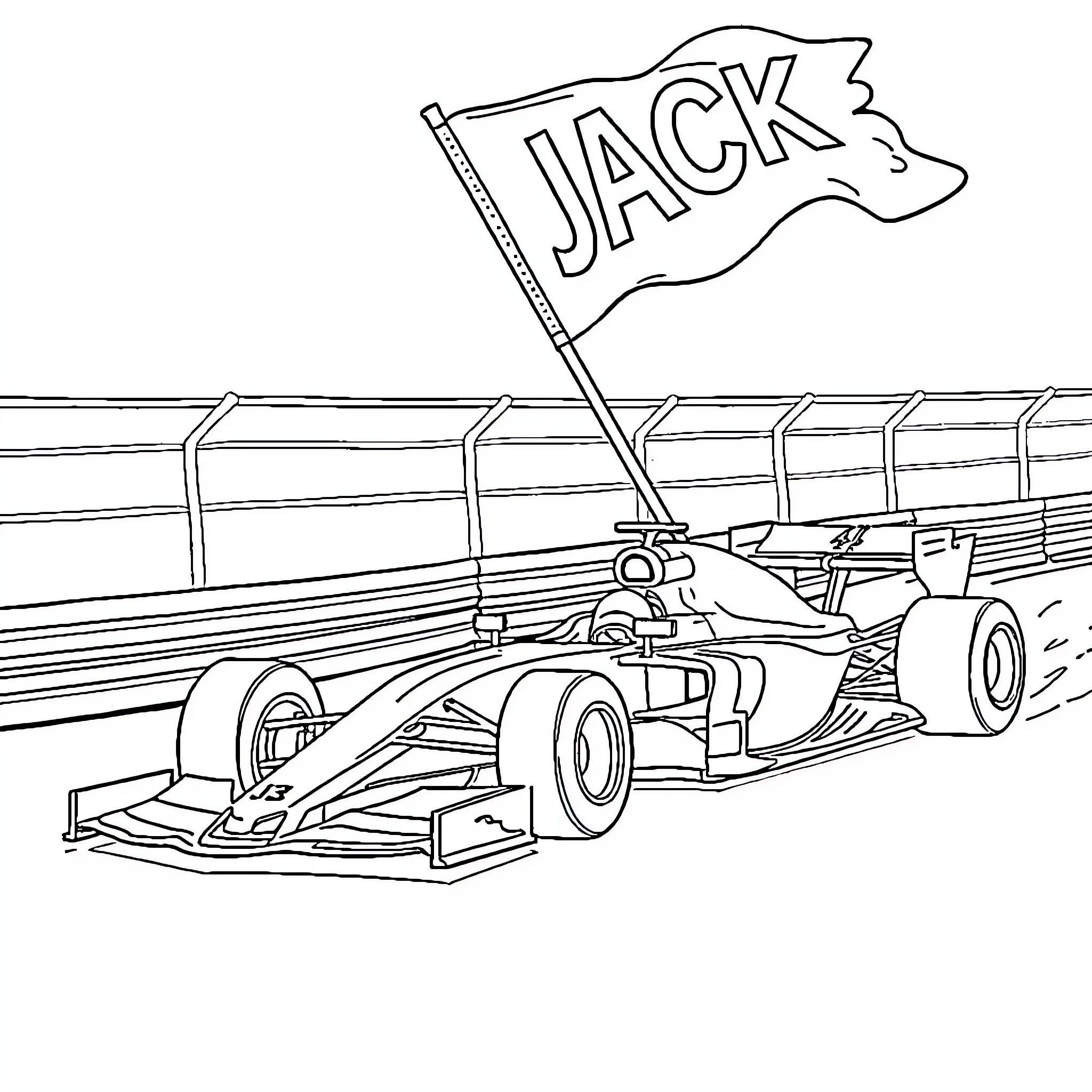 Formula 1 Car on Race Track with Jack Flag Coloring Page (free black-and-white line drawing printable PDF for all, from beginners to advanced learners, including children, teens, adults, and seniors)