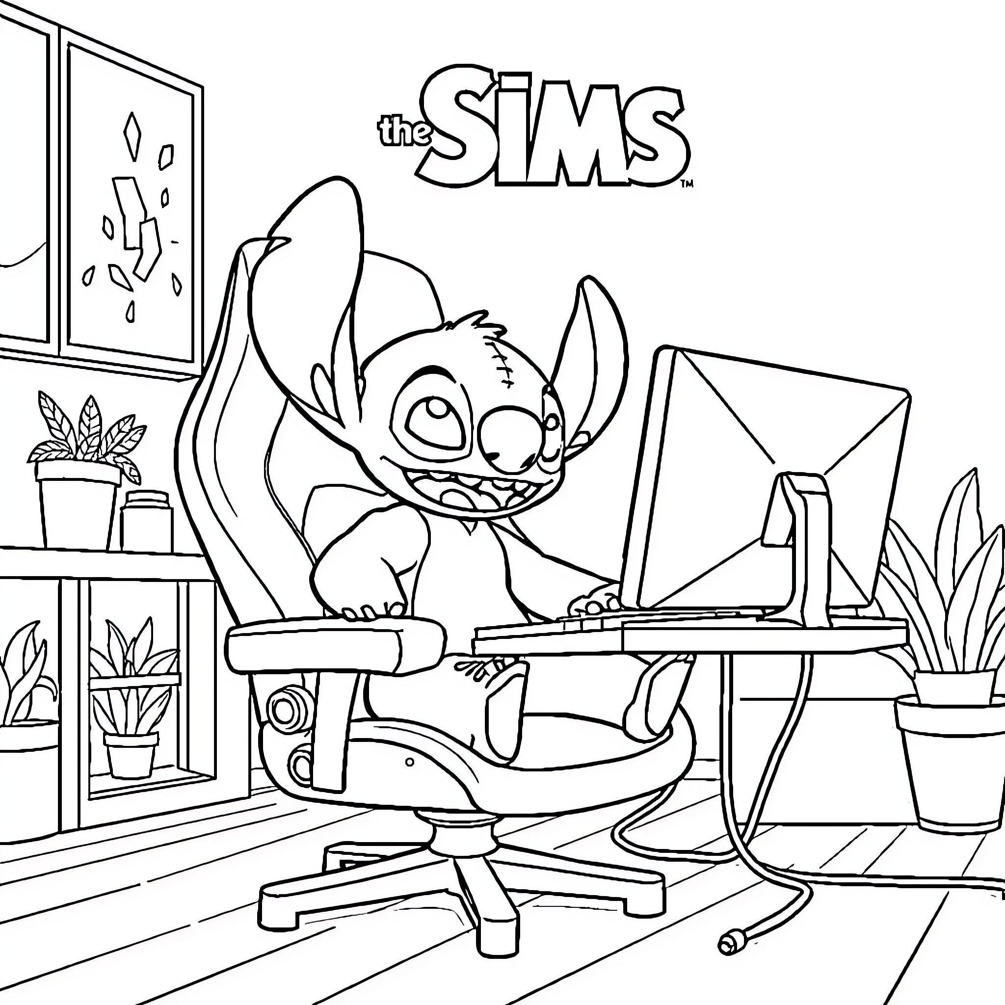 Stitch working diligently on a computer Coloring Page (free black-and-white line drawing printable PDF for all, from beginners to advanced learners, including children, teens, adults, and seniors)