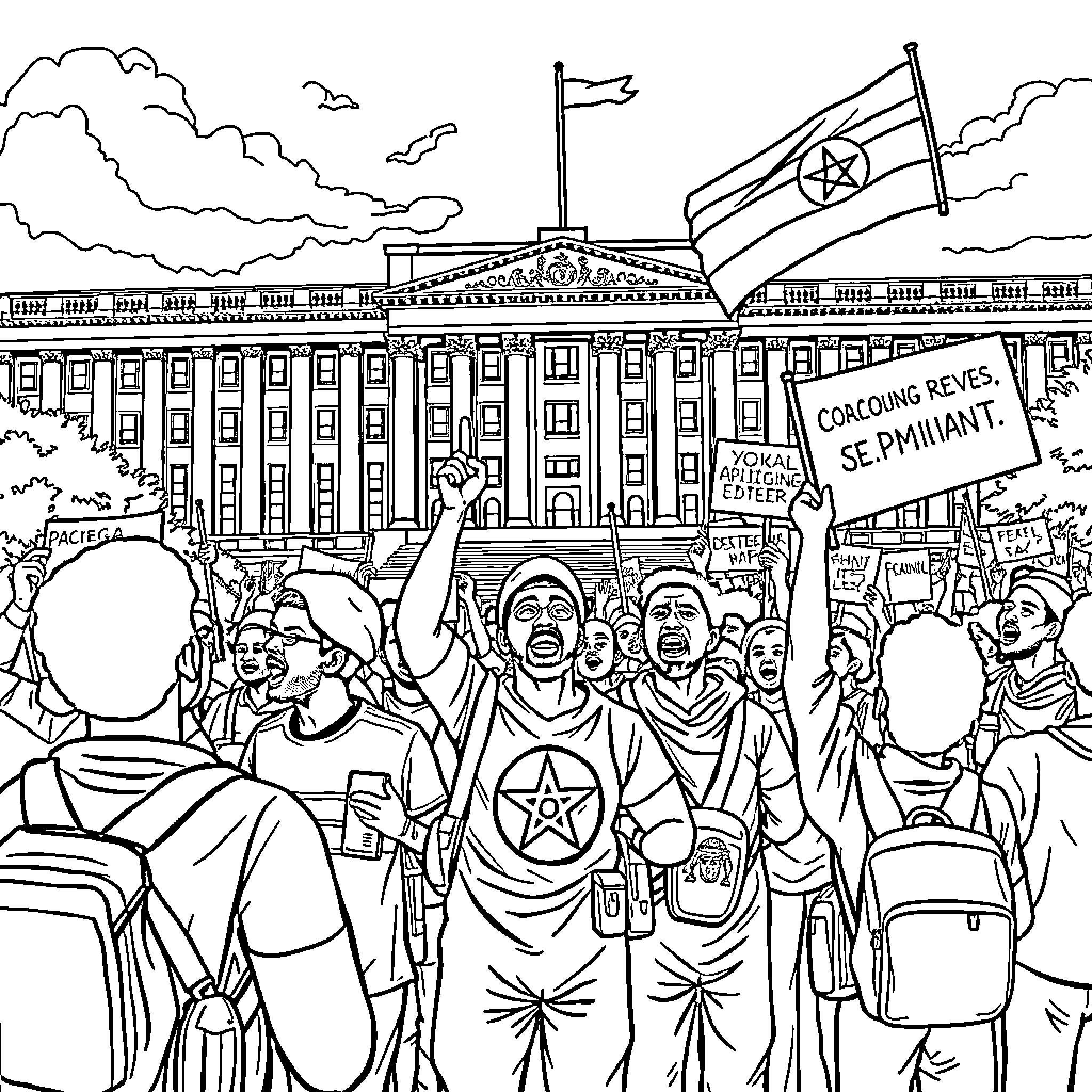 Ethiopian protesters in front of government building Coloring Page (free black-and-white line drawing printable PDF for all, from beginners to advanced learners, including children, teens, adults, and seniors)