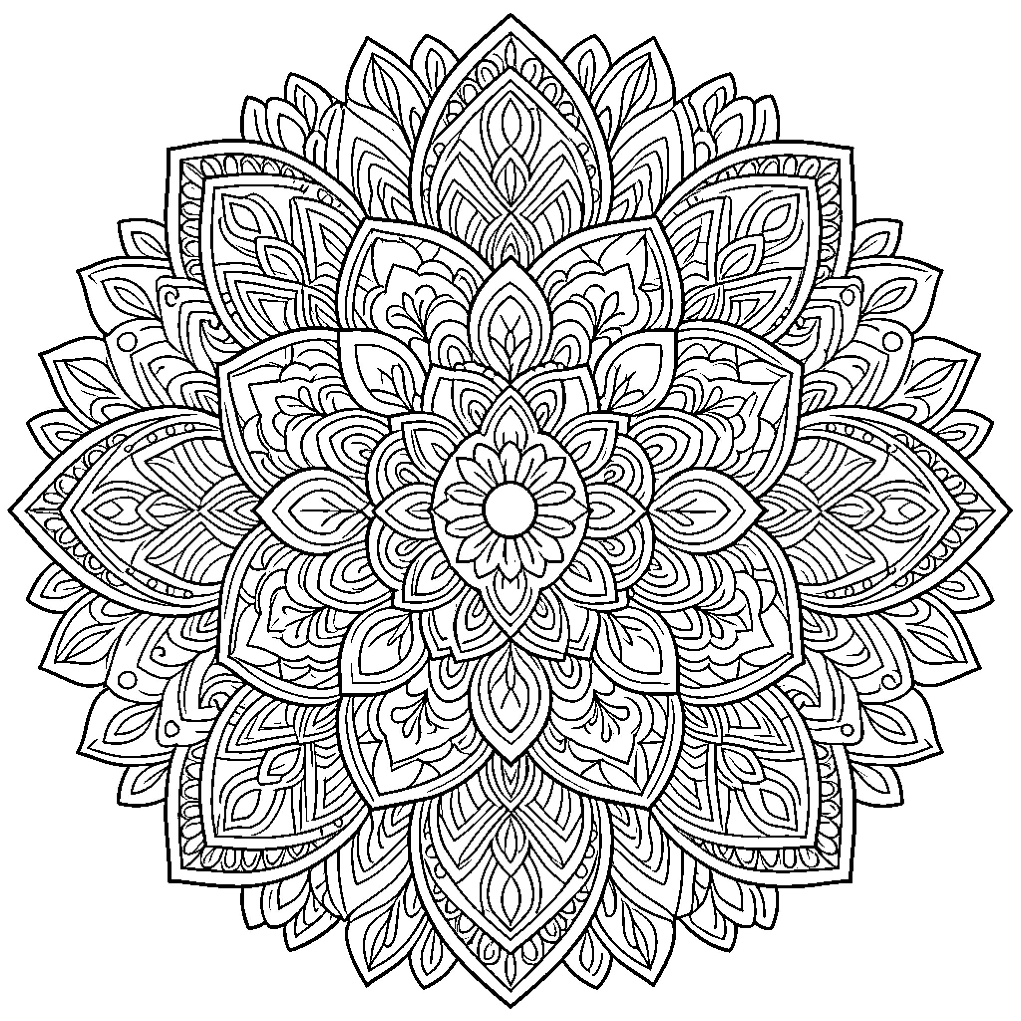 Mandala of intricate floral designs Coloring Page (free black-and-white line drawing printable PDF for all, from beginners to advanced learners, including children, teens, adults, and seniors)
